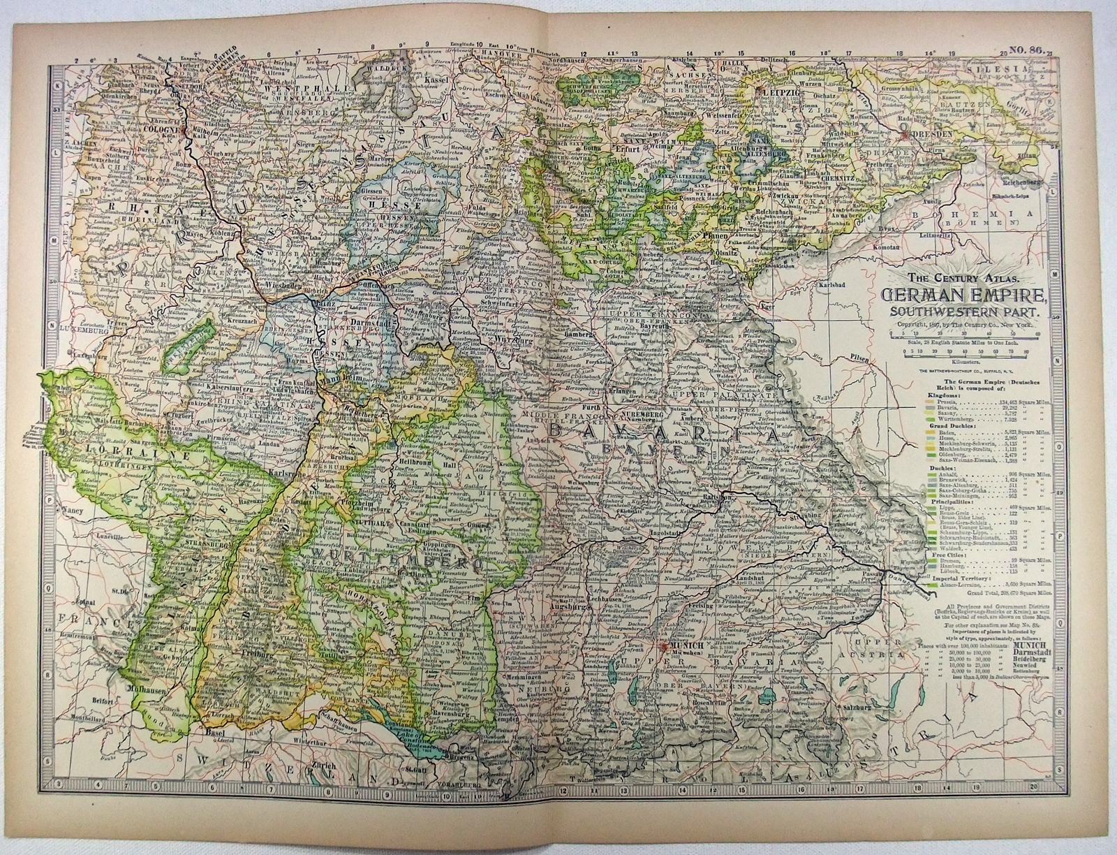 SW Germany – Original 1897 Map by The Century Company. Antique