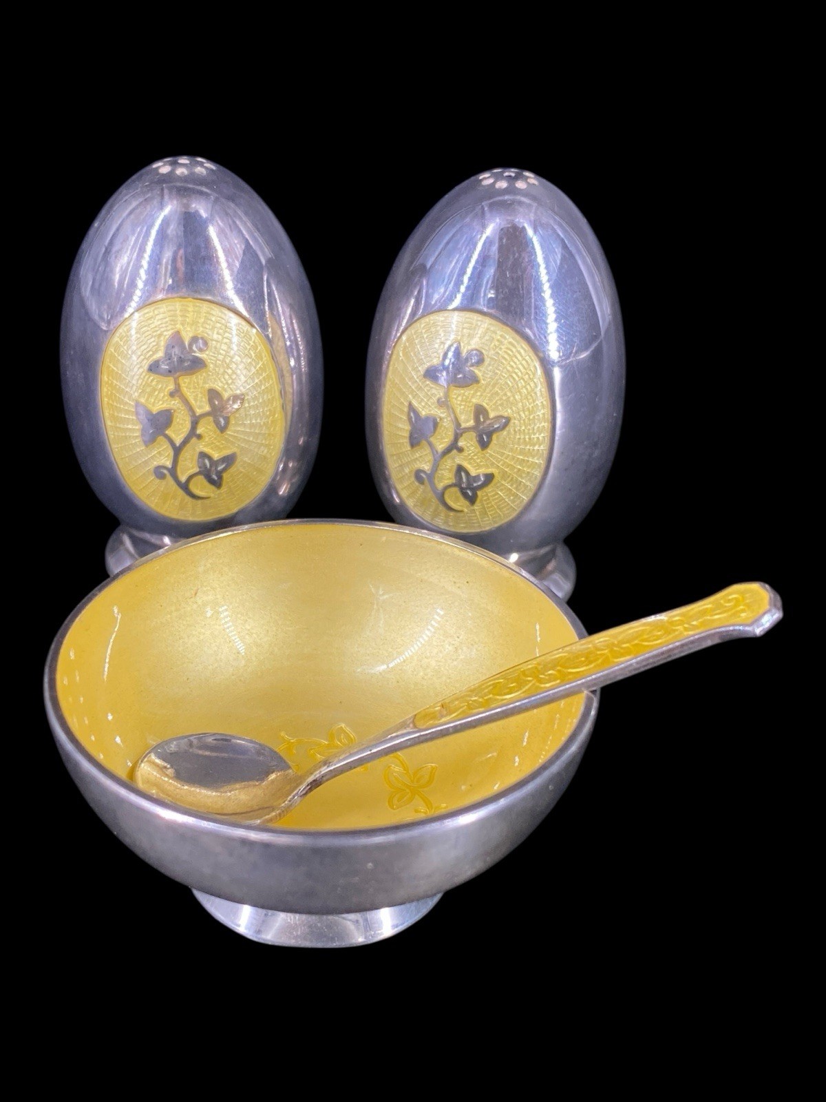 Meka Denmark Enamel Sterling Condiment Salt Cellar Pepper Pot Shakers Salt Spoon