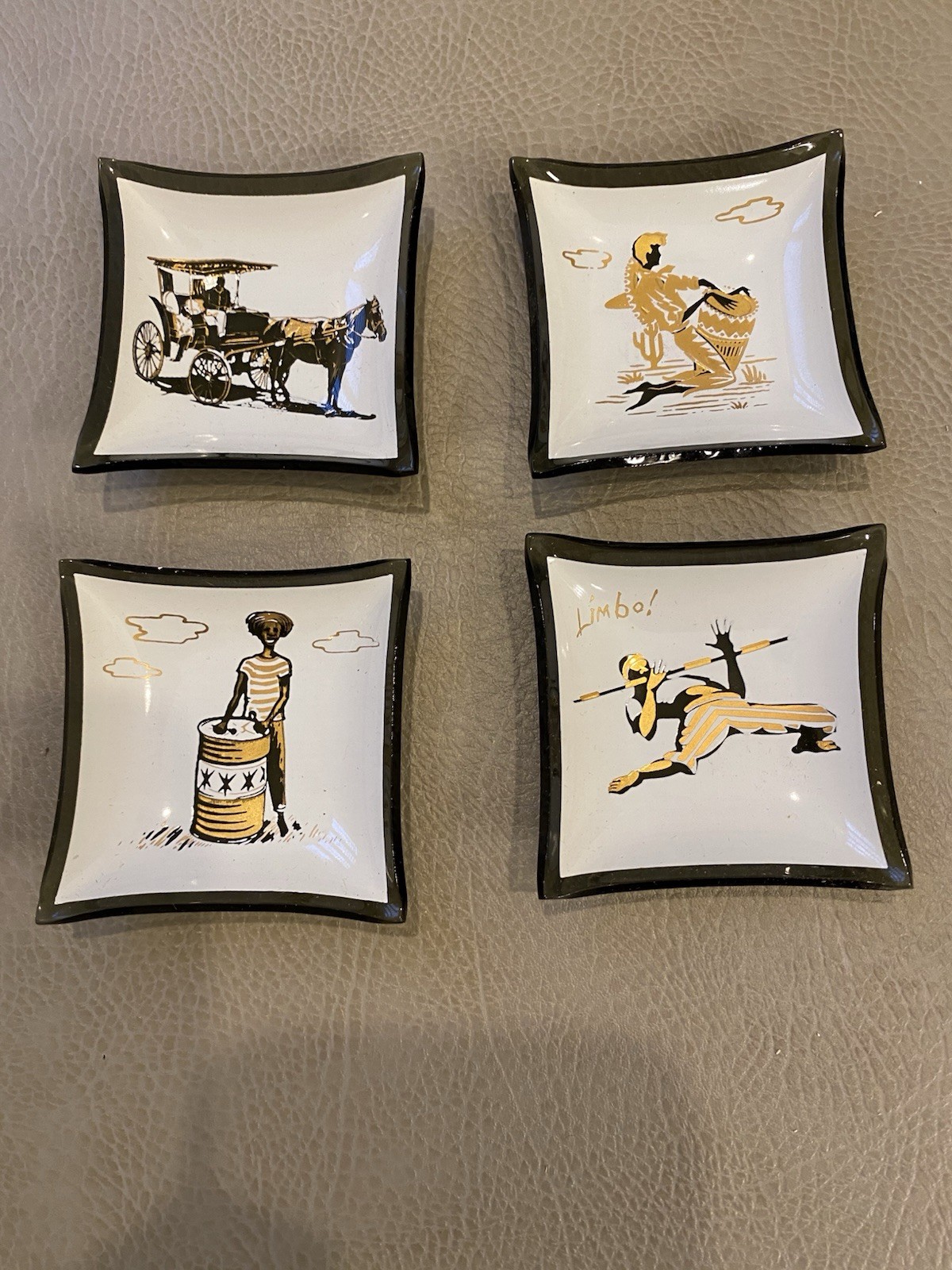 Mid Century Modern BLACK & GOLD Miniature African Print Trinket Dishes Tray