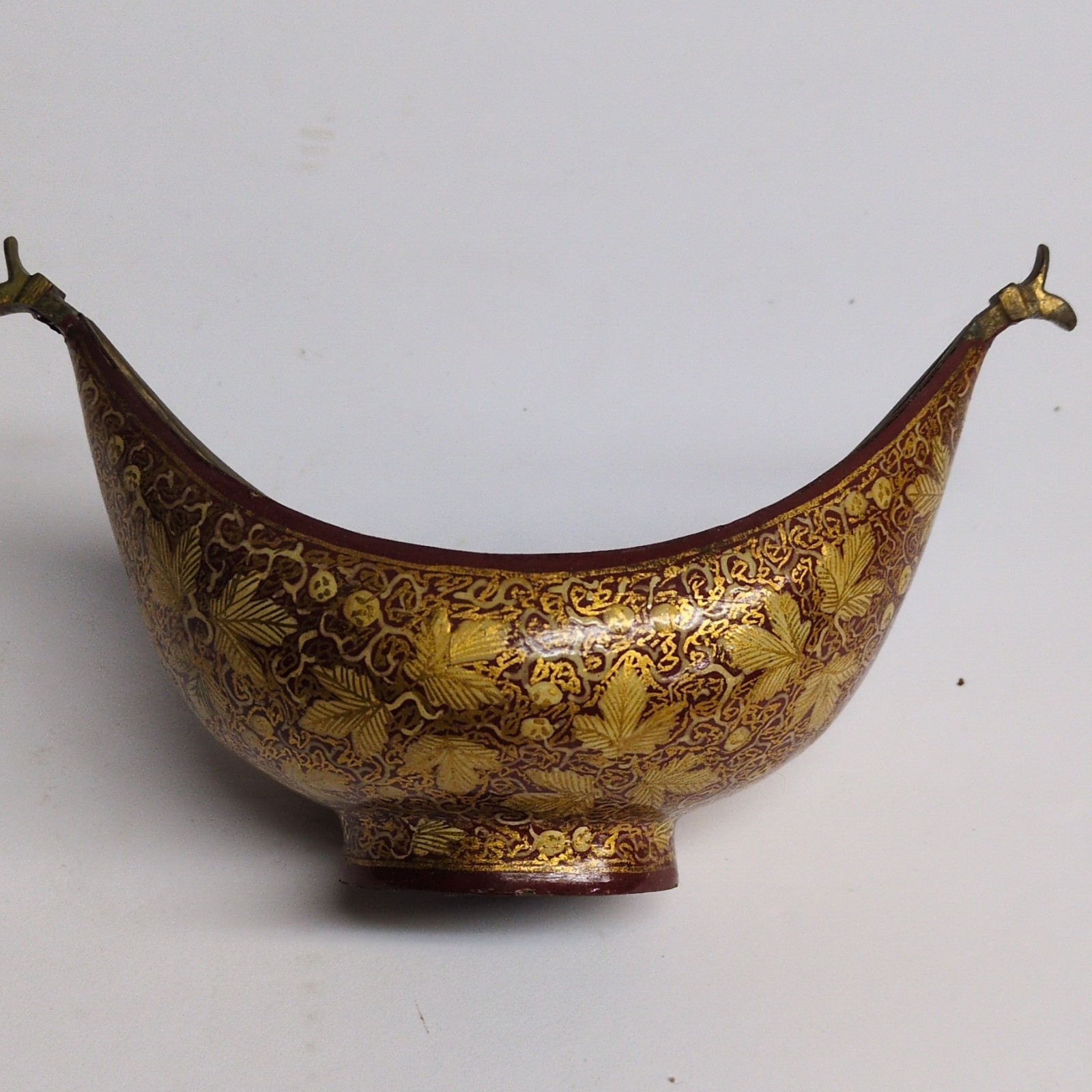Decorative Bowl with Leaf Pattern Animal Head Handles Floral Etched