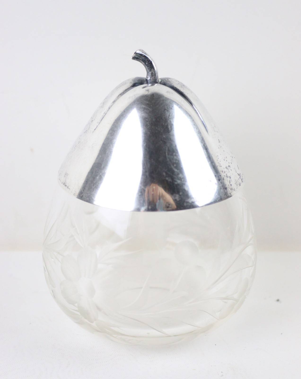One etched glass jam jar with pear sterling lid scrap or use