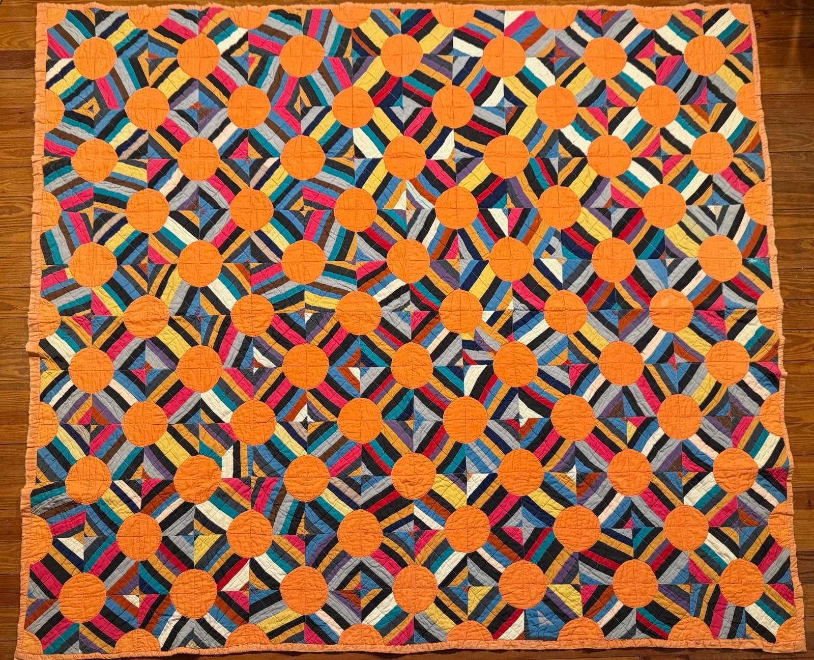 INCREDIBLE ANTIQUE PATCHWORK QUILT, COLORFUL OPTICAL ORANGES ON LOG CABIN,C1930!