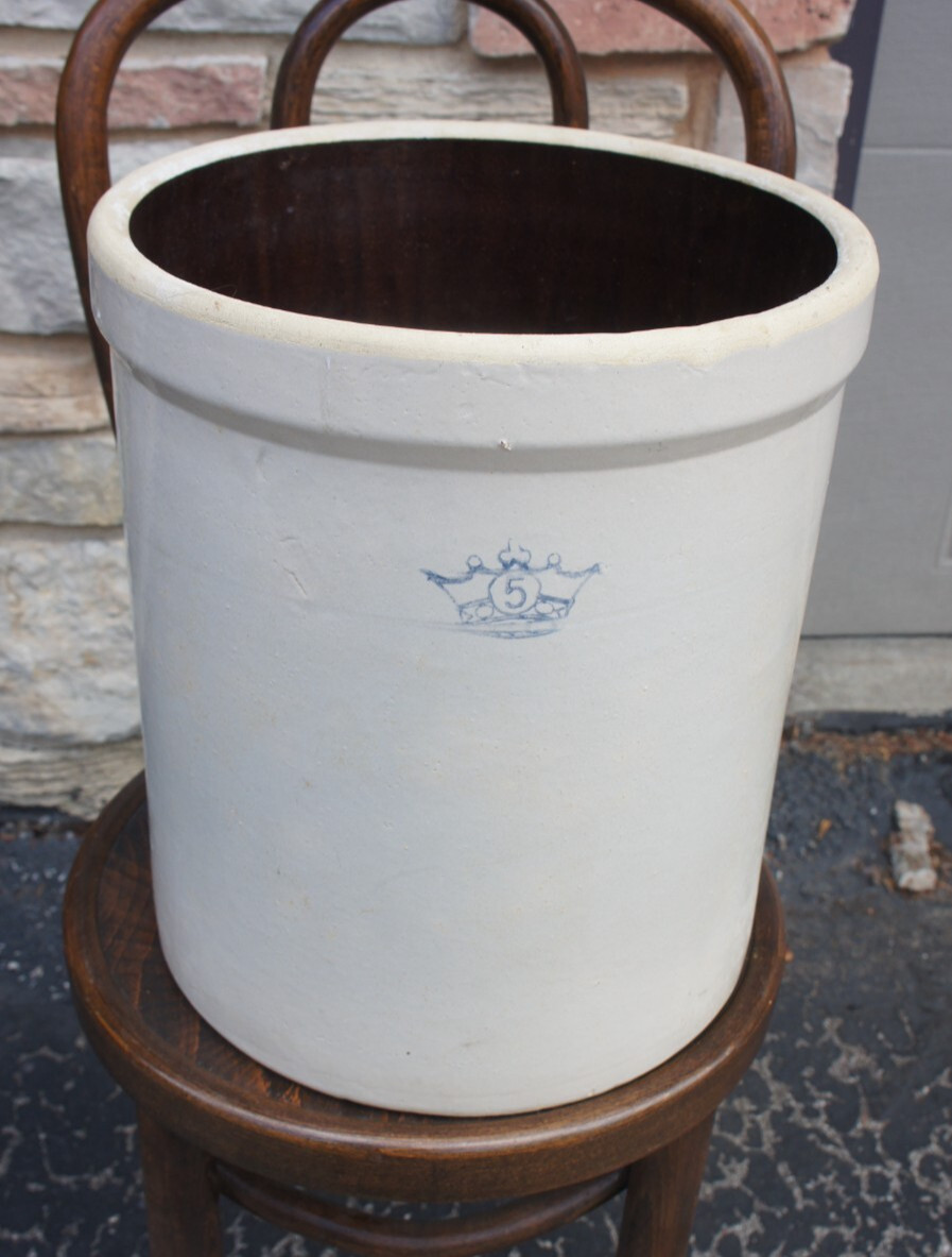 Antique Vintage Robinson Ransbottom 5 Gallon Blue Crown Stoneware Crock USA