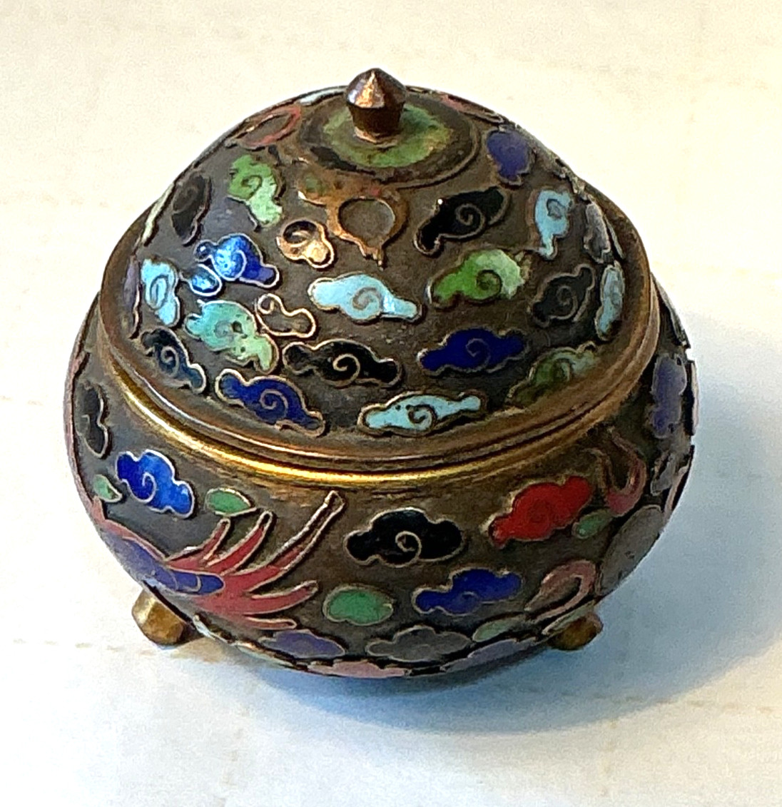 Antique Small Chinese Bronze Cloisonné Enamel Lidded Round Box Date Signed
