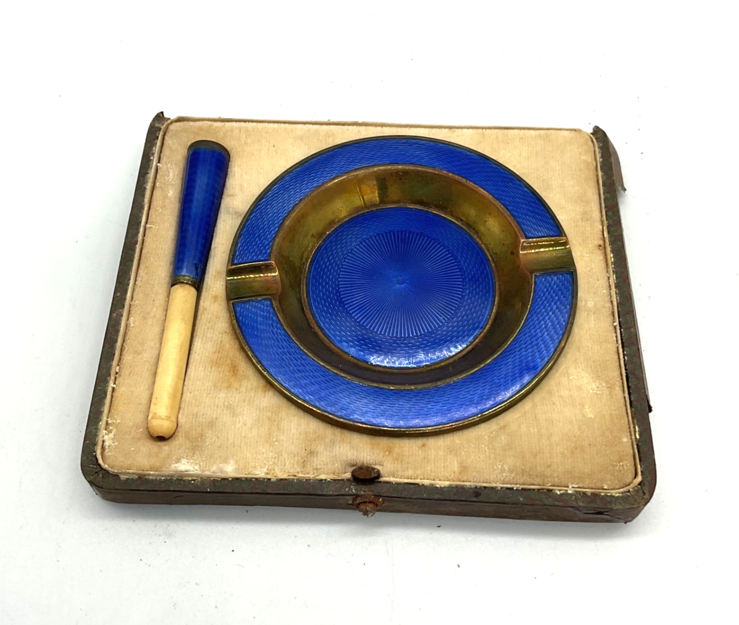 1920’s Antique Brass Copper Guilloche Blue Enamel Smoking Set Art Deco