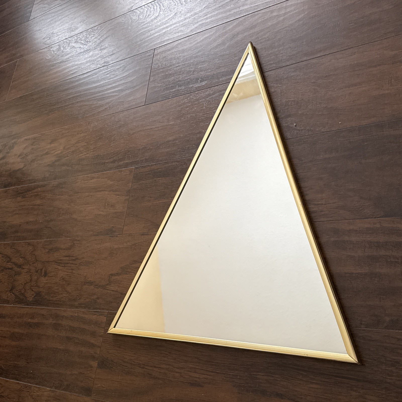 Vtg MCM Triangular Mirror With Gold Colored Metal Frame; Handmade Framing; 24” H