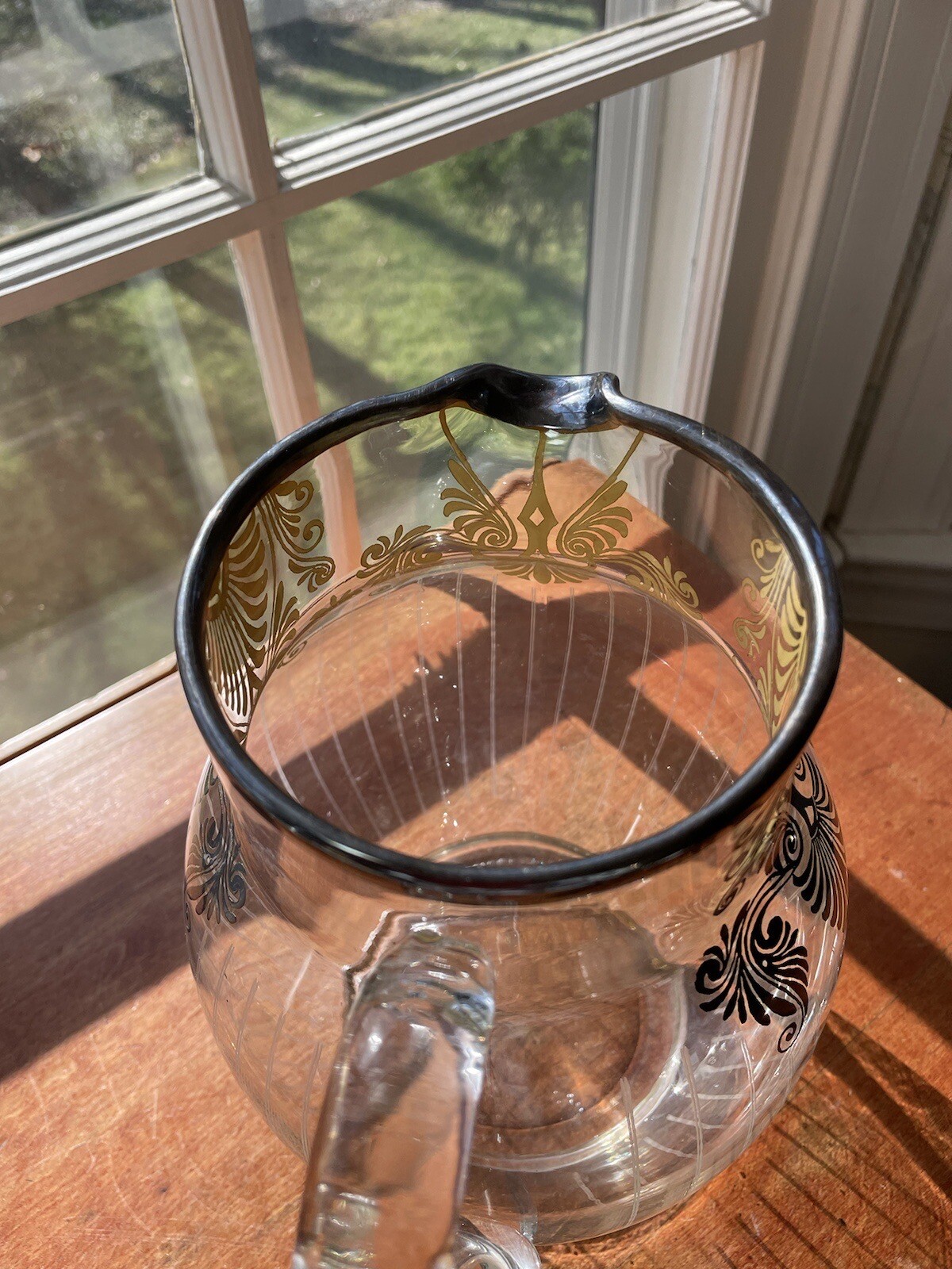 Antique Art Deco Silver Overlay Blown Etched Glass Lemonade Water Pitcher