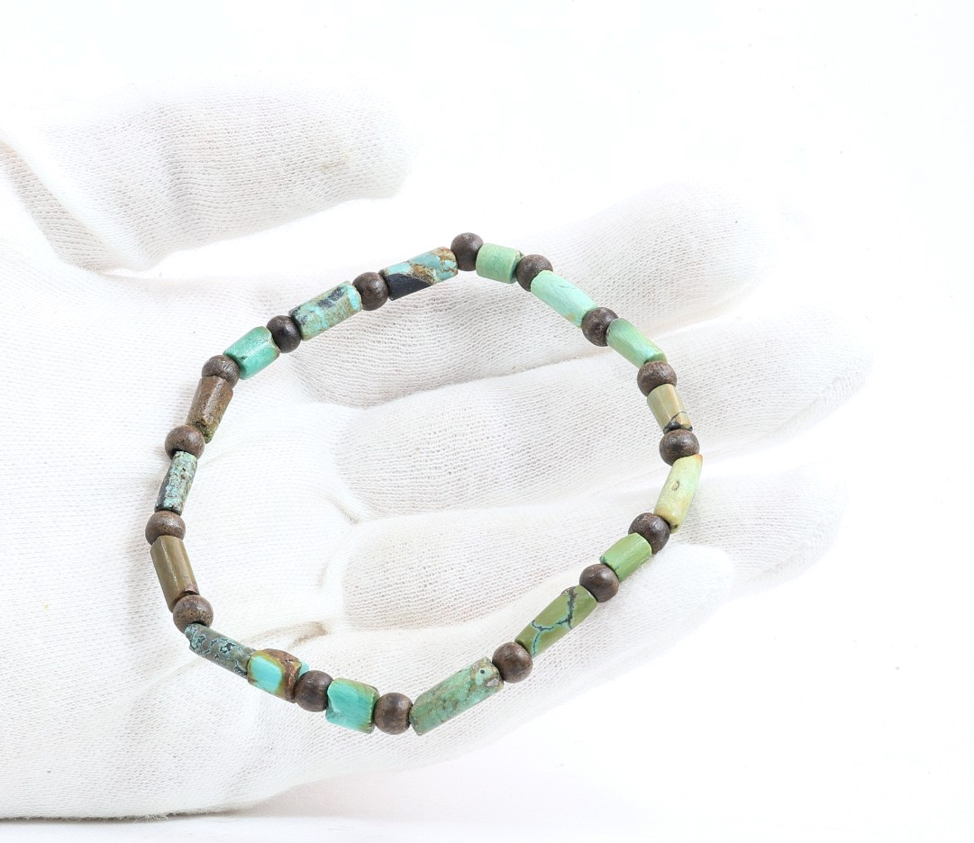 Millennium-Old Set of 2 Tibetan Turquoise Bracelets, Aged Patina Meditation