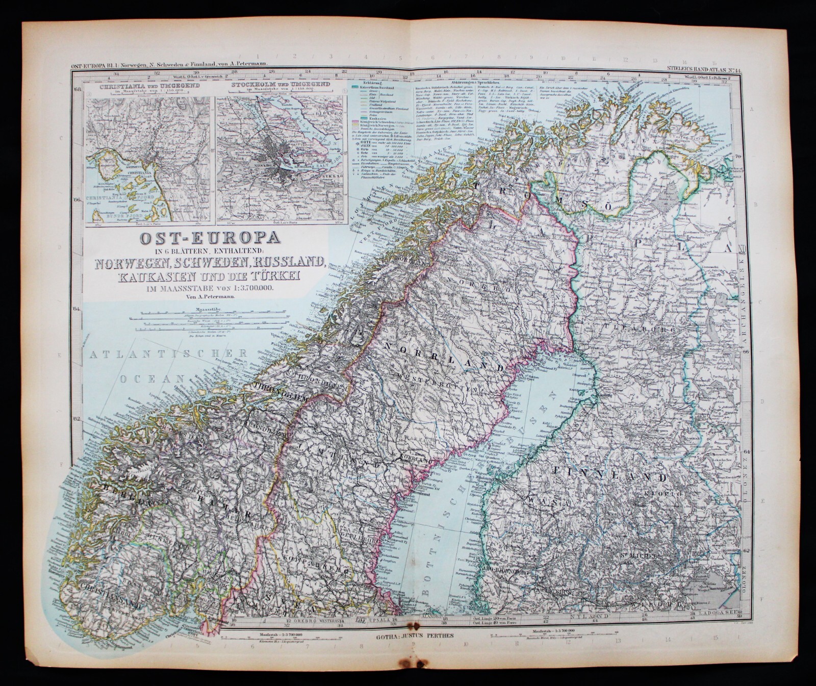 STIELERS HAND ATLAS WORLD MAP PLATE PAGE NO. 44 SCANDINAVIA RUSSIA 1888