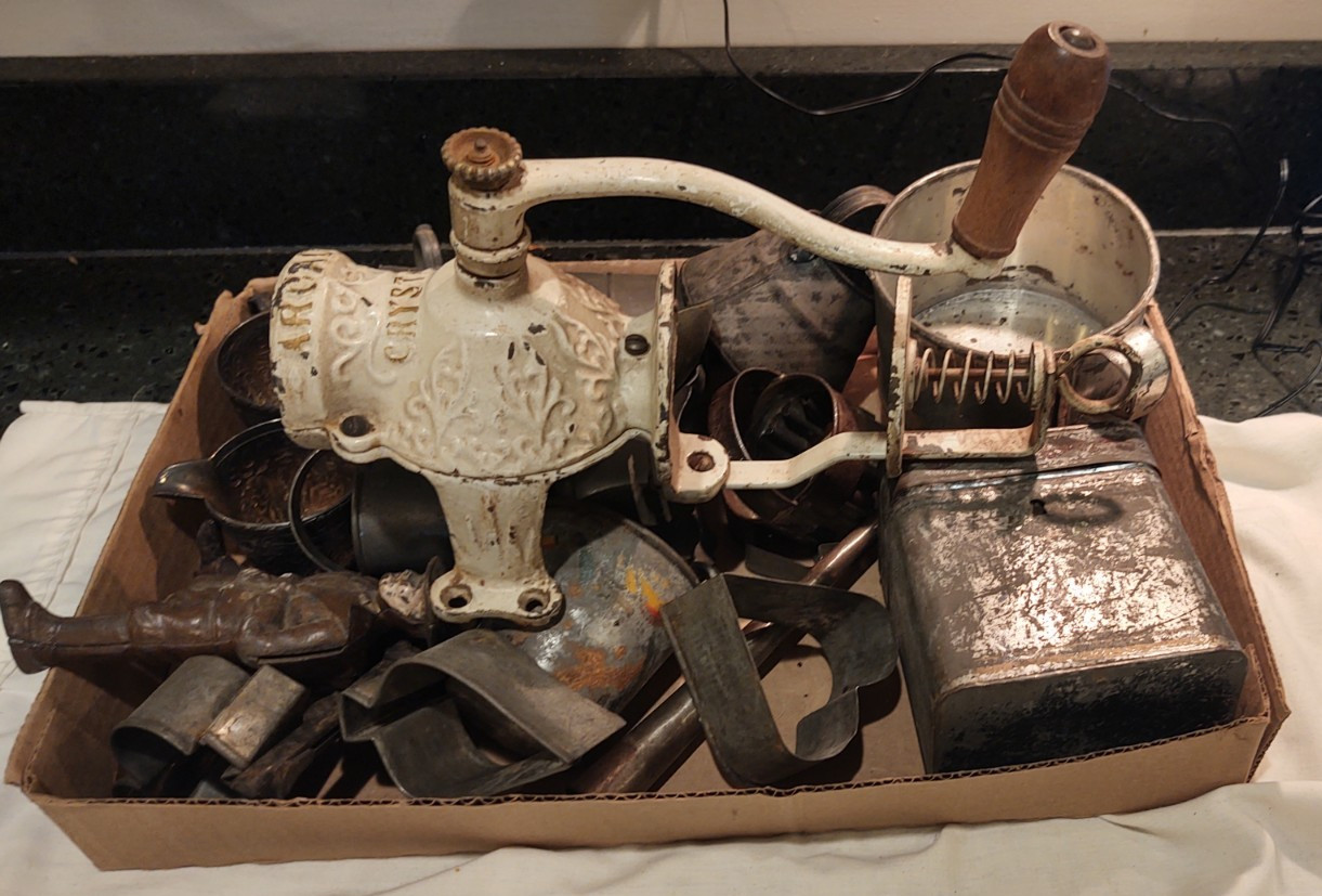 Antique Box Lot Metal Stuff Kitchen , Pewter , Tin ,Cast Iron , Coffee Mill MORE
