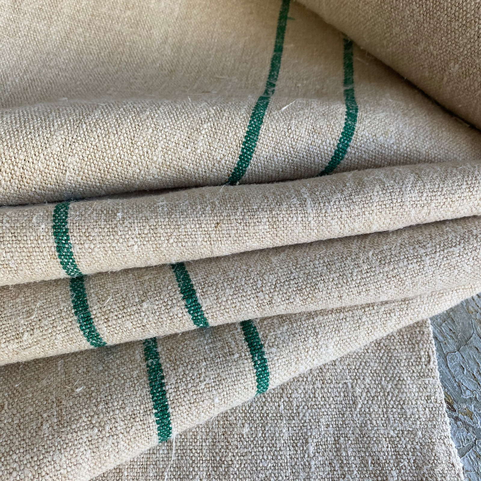 GREEN grainsack fabric material Antique linen homespun hemp upholstery weight 1