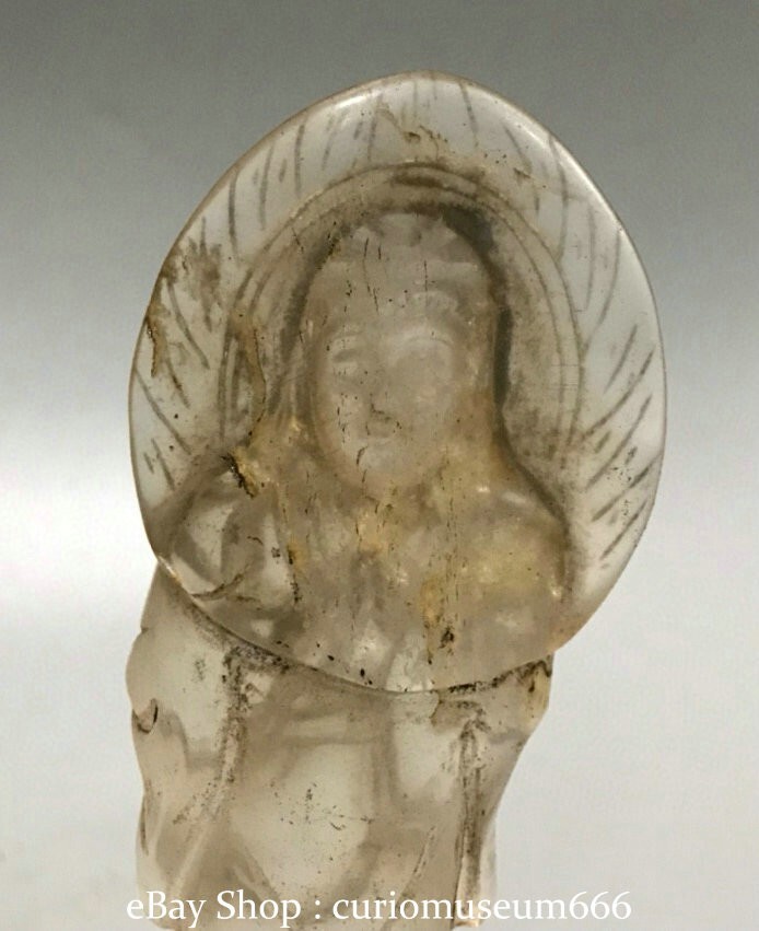 5.2”Old chinese White Crystal Carving Backlight Kwan-yin Guan Yin statue
