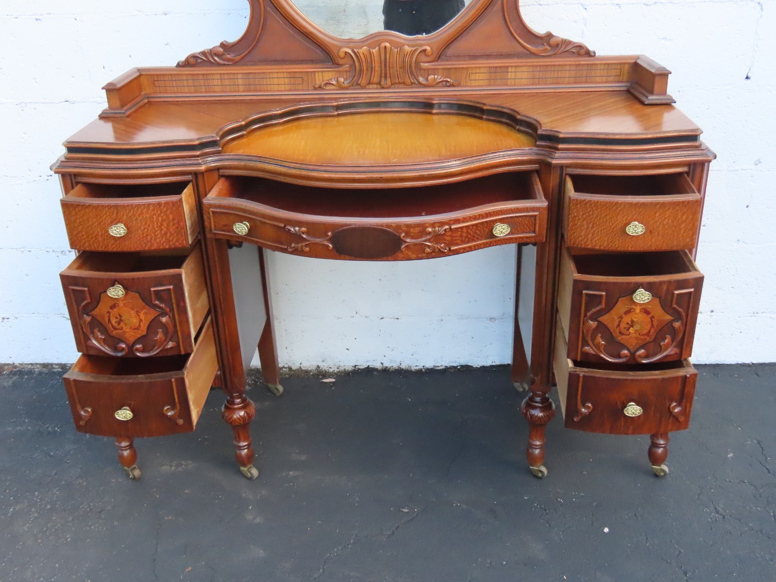 Early 1900s Carved Inlay Vanity Makeup Table 6611