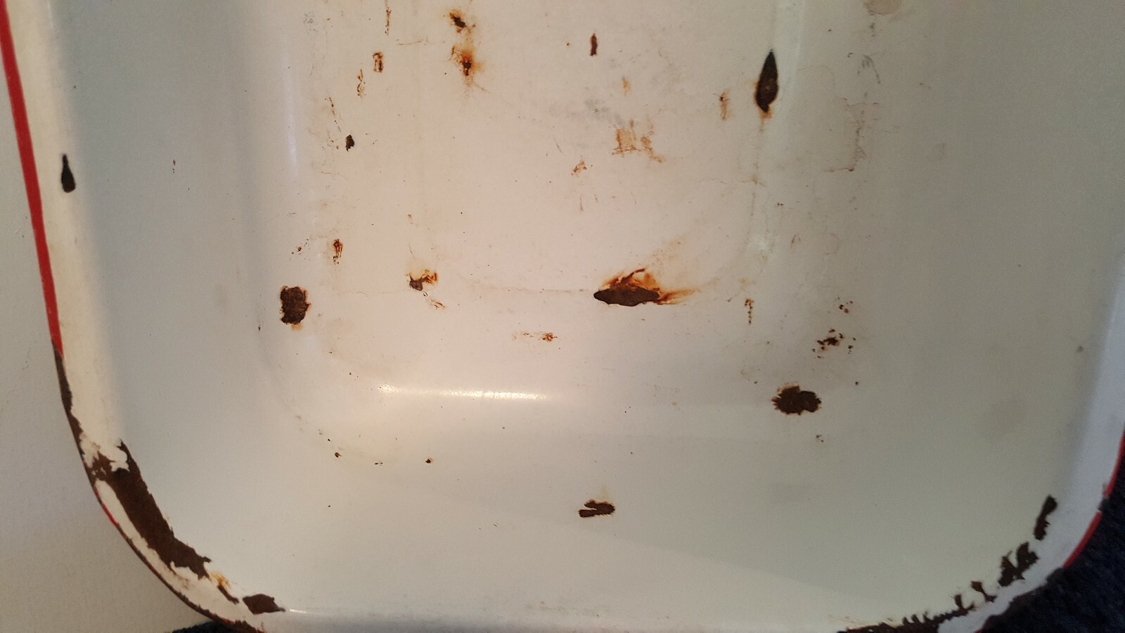 13.VTG Dish or Wash Pan, Enamelware, White with Red Trim, 16.75″ X 11.25″ X 4.5″