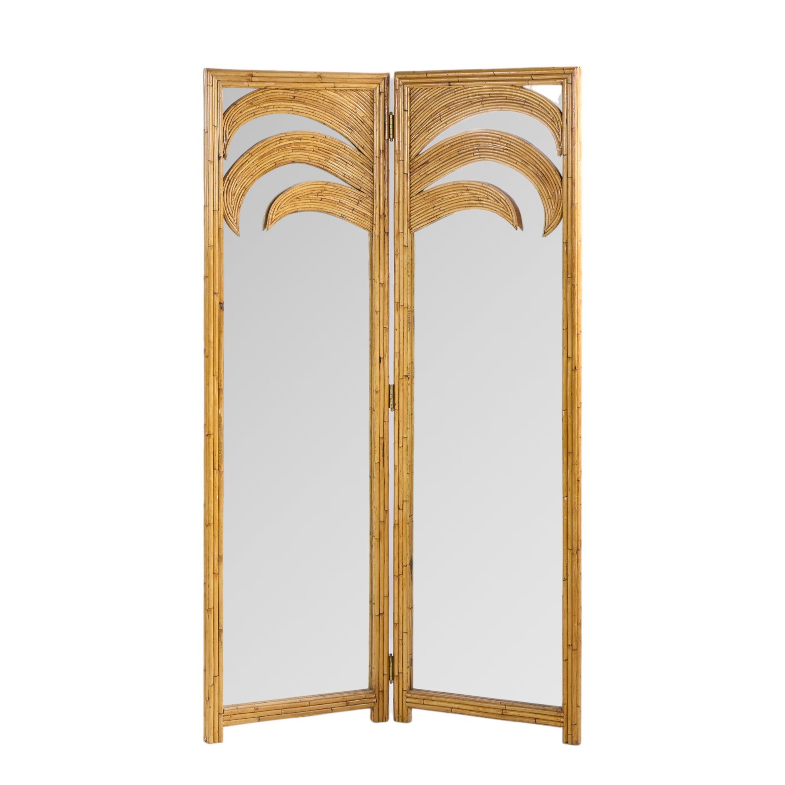 Vivai del Sud Mid Century Italian Bamboo Rattan Palm Tree Folding Screen Mirror