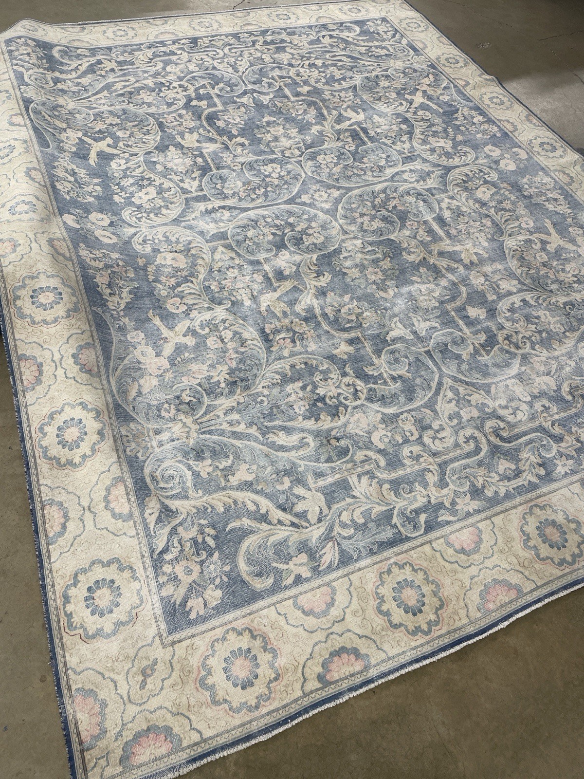 Vintage Original Area Rug Oushak Low Pile Distressed 9 X 13 Antitque Beauty Blue