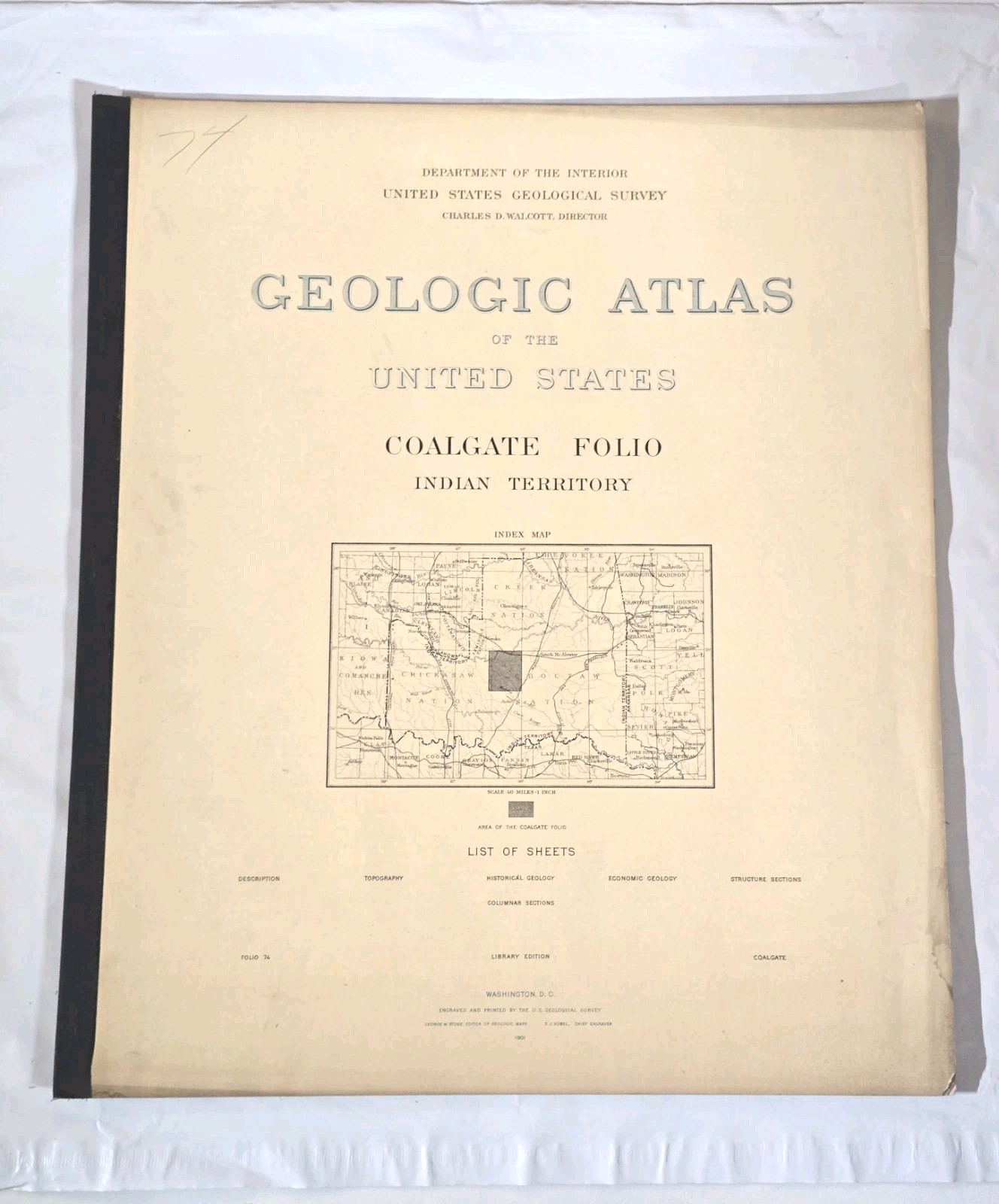 1901 Coalgate Folio #74 Indian Territory Oklahoma USGS US Geologic Atlas Maps