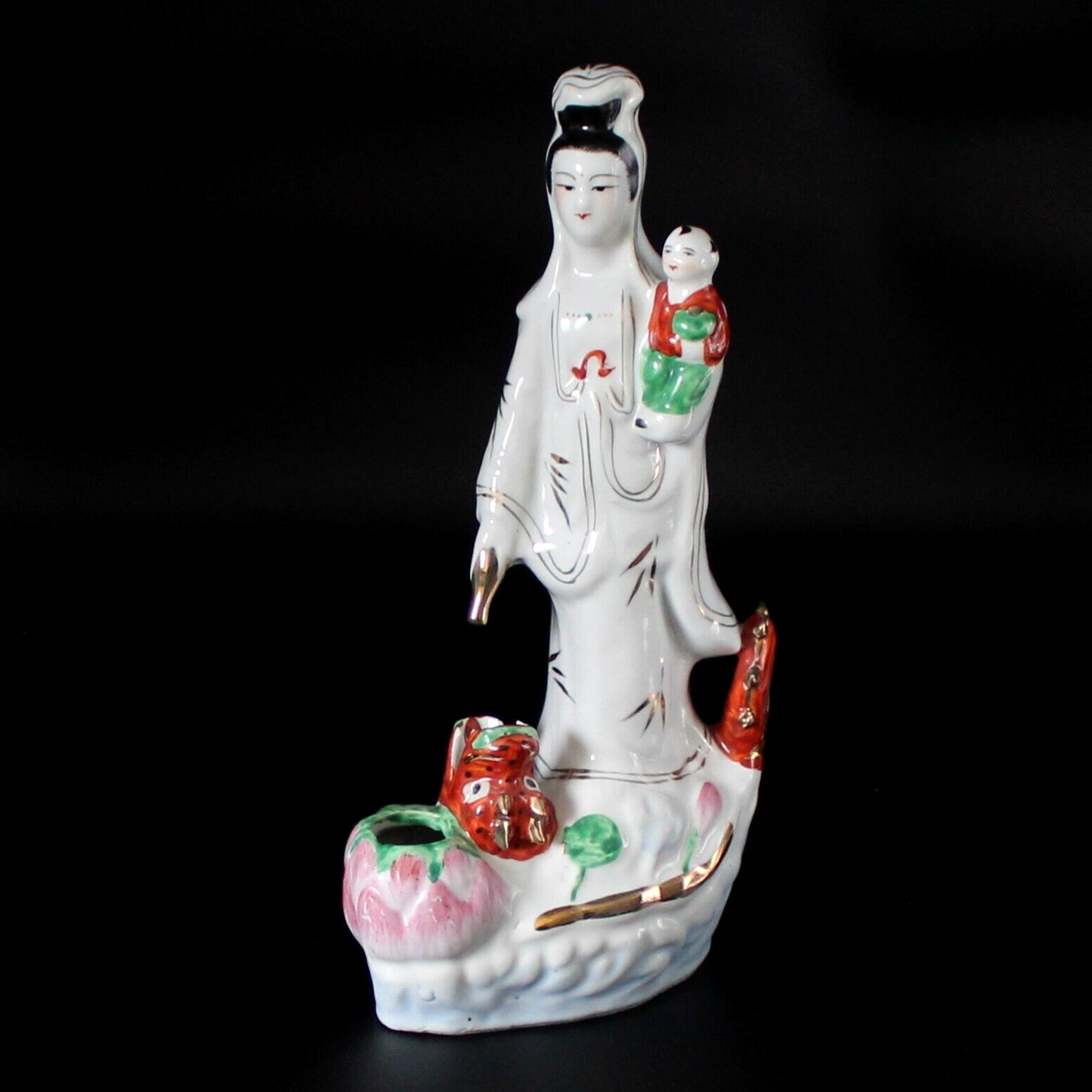 RARE Antique 1912-1949 Porcelain Guanyin BUDDHA Statue w/ Vase 11.5″ Signed VTG