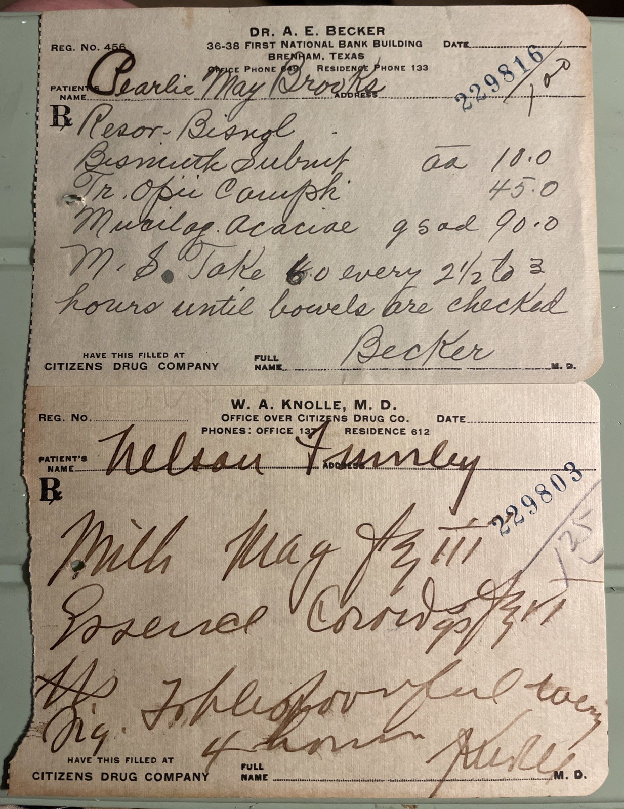 1925c ANTIQUE PRESCRIPTIONS 2 Brenham Texas Opium Dr A.E. Becker/W.A. Knolle ￼