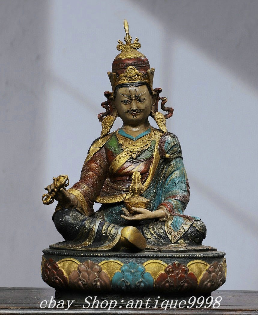 11.8” Old Dynasty Pure Bronze Gilt Painting Guru Padmasambhava Rinpoche Statue