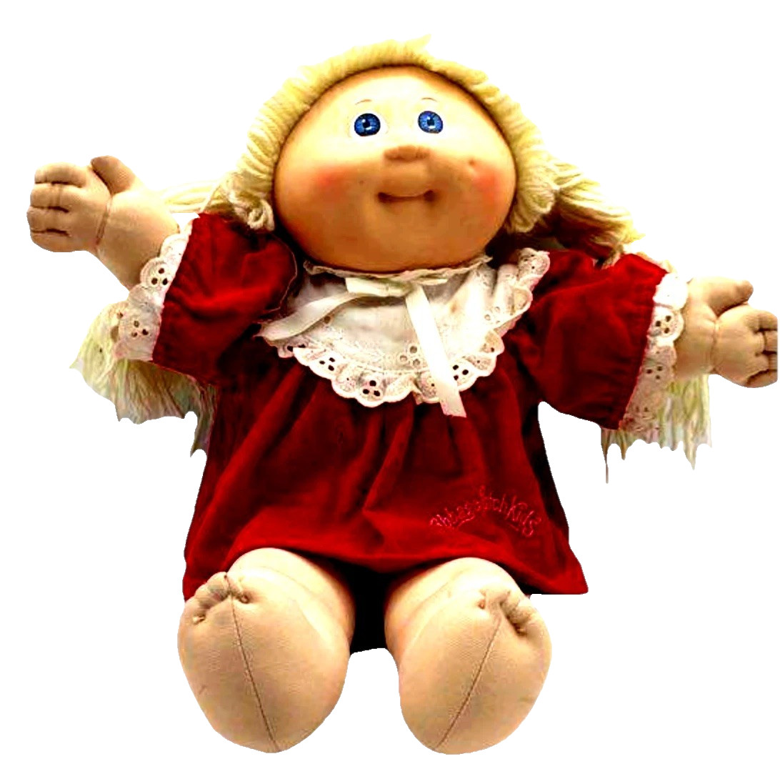 Vintage Cabbage Patch Kids Doll Blonde Yarn Hair Red Dress Soft Plush Toy