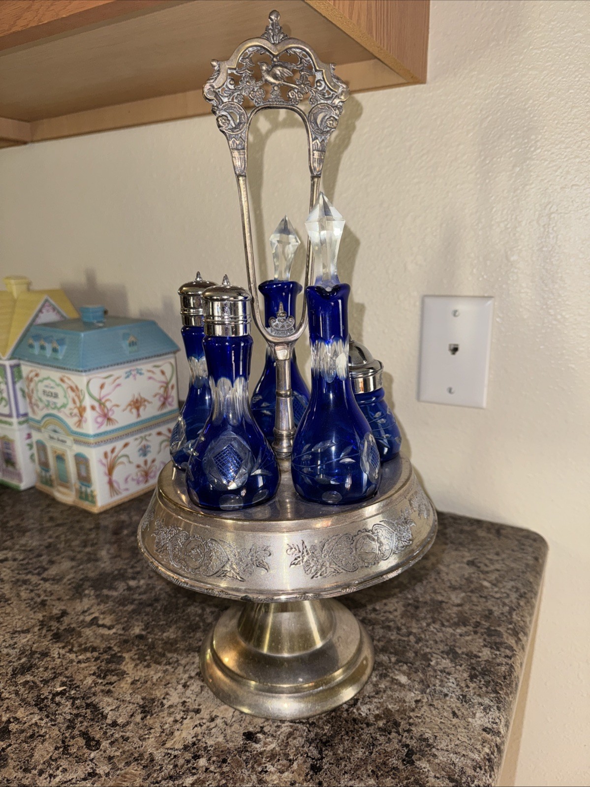 Antique Mermod Jaccard Cobalt Blue 5pc Cut To Clear Glass Cruet Castor Set