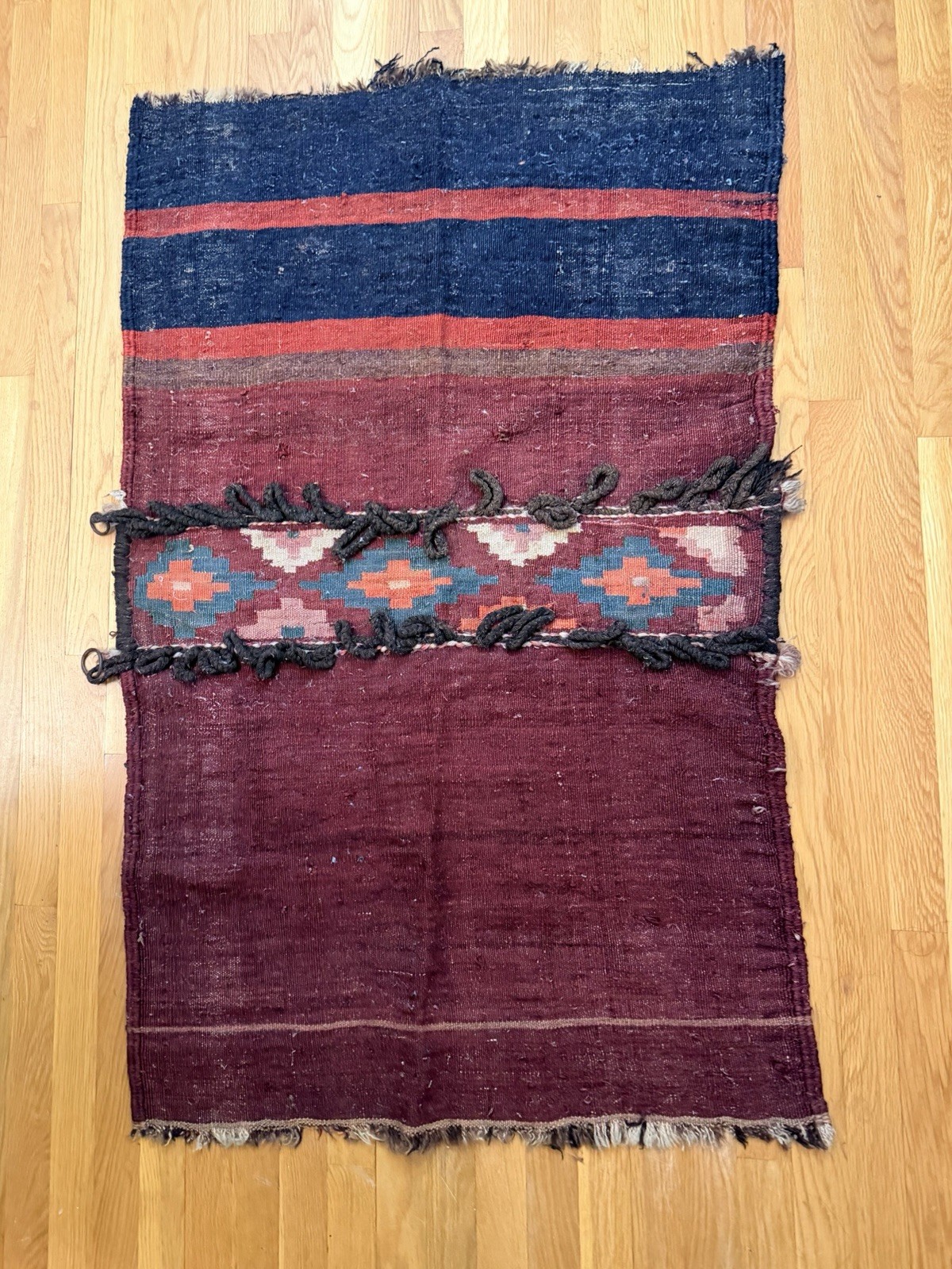Vintage Tribal Kilim Wall Hanging 32×52 – Handwoven Wool Rug with Metal Rings