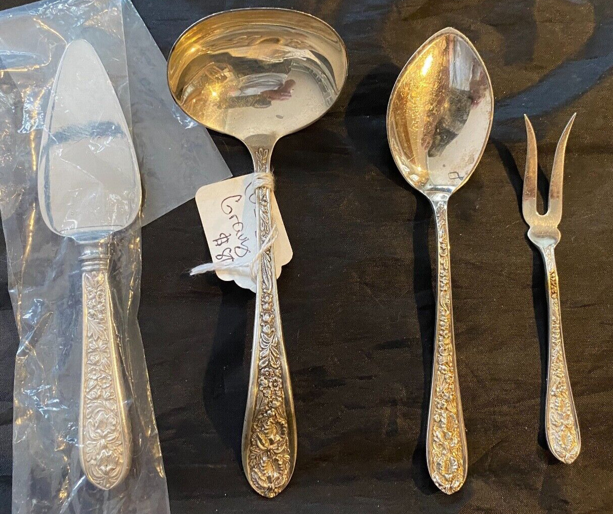 STIEFF ” CORSAGE ” PATTERN STERLING SILVER 4 SERVERS NOT MONOGRAMMED polished