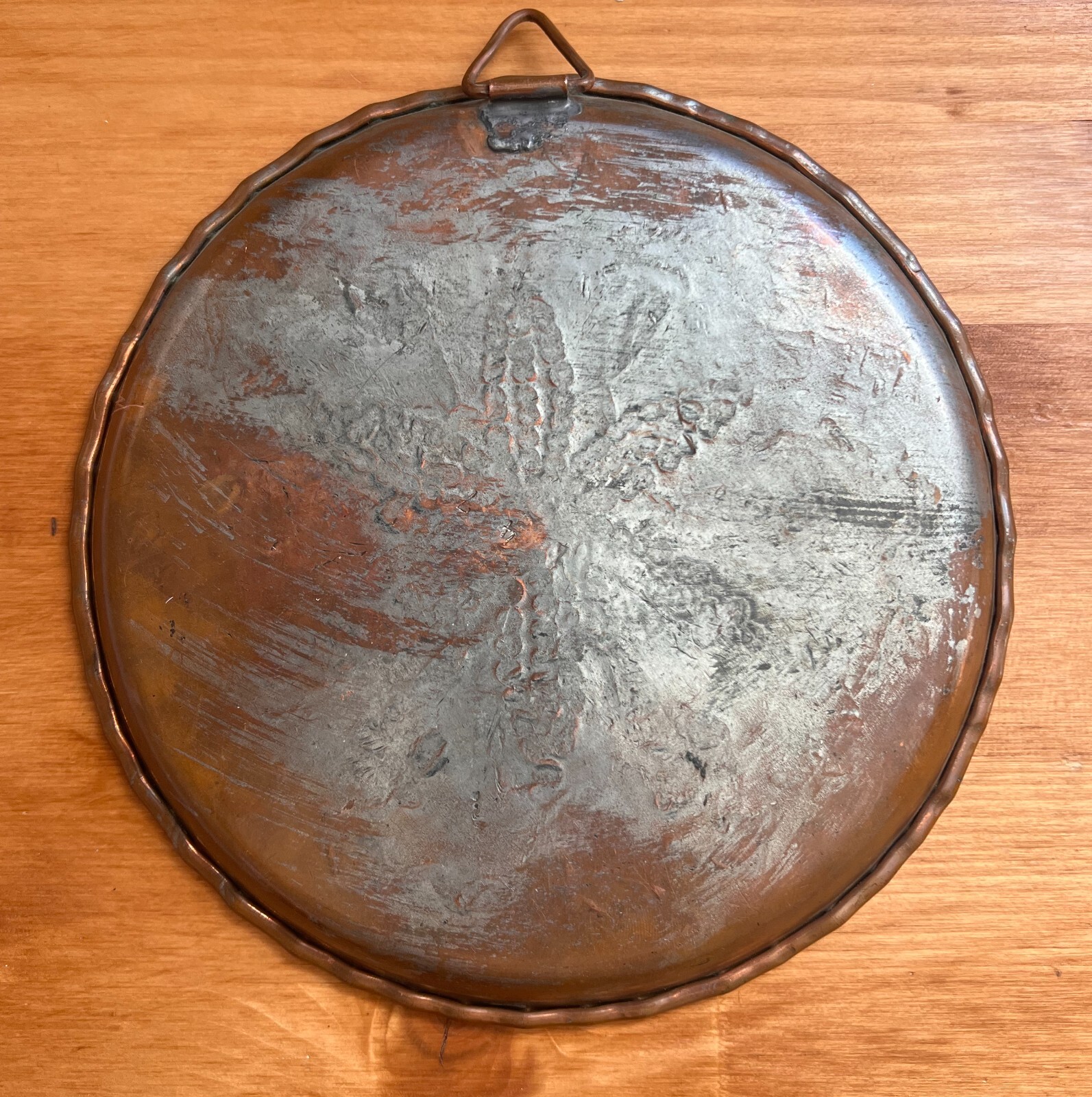 Antique Ottoman 7″ Engraved Solid Heavy Copper Platter with Primitive Design