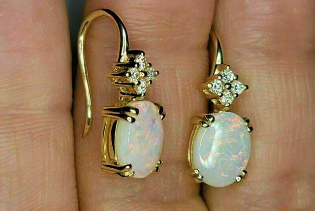 4Ct Oval Cut Fire Opal & Diamond Drop & Dangle Earrings 14k Yellow Gold Finish