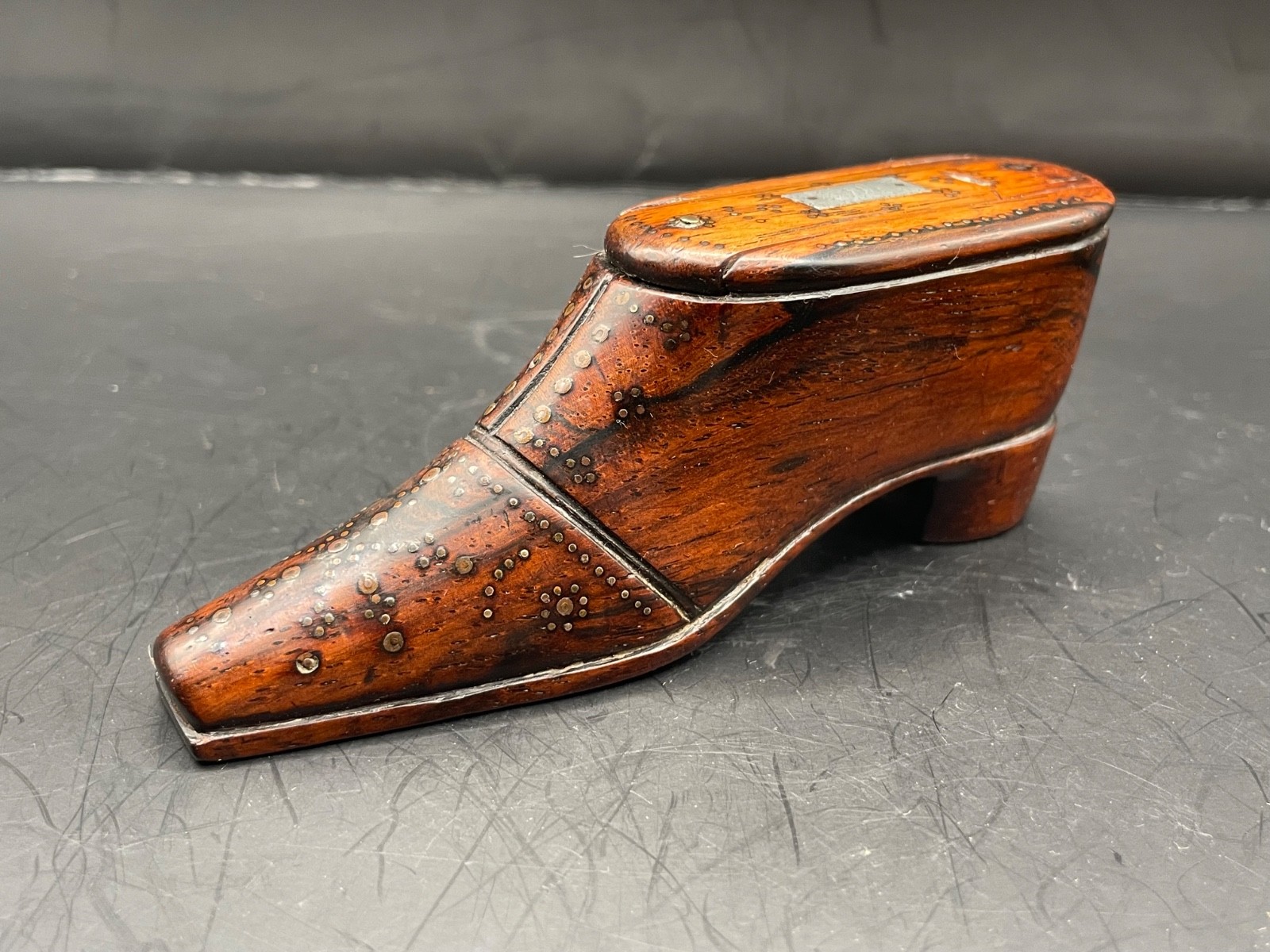 Shoe snuff box Antique 19th C Carved treen brass studs