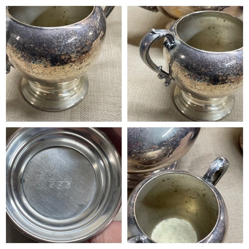 TEA POT COFFEE SET SILVER ON COPPER MARKED CROWN–S–SHIELD SET OF 5