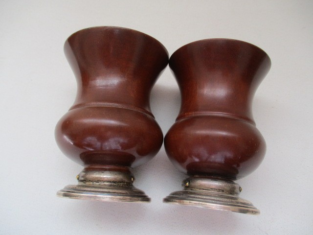 Pair (2) Antique Turned Wood Treenware Cups w/ Sterling Silver Bases