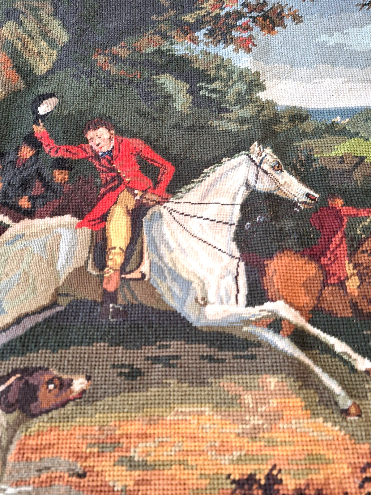 Vtg Needlepoint Tapestry Wall Hanging Hunting Scene Bombay Co 2’x3′ R. Lauren
