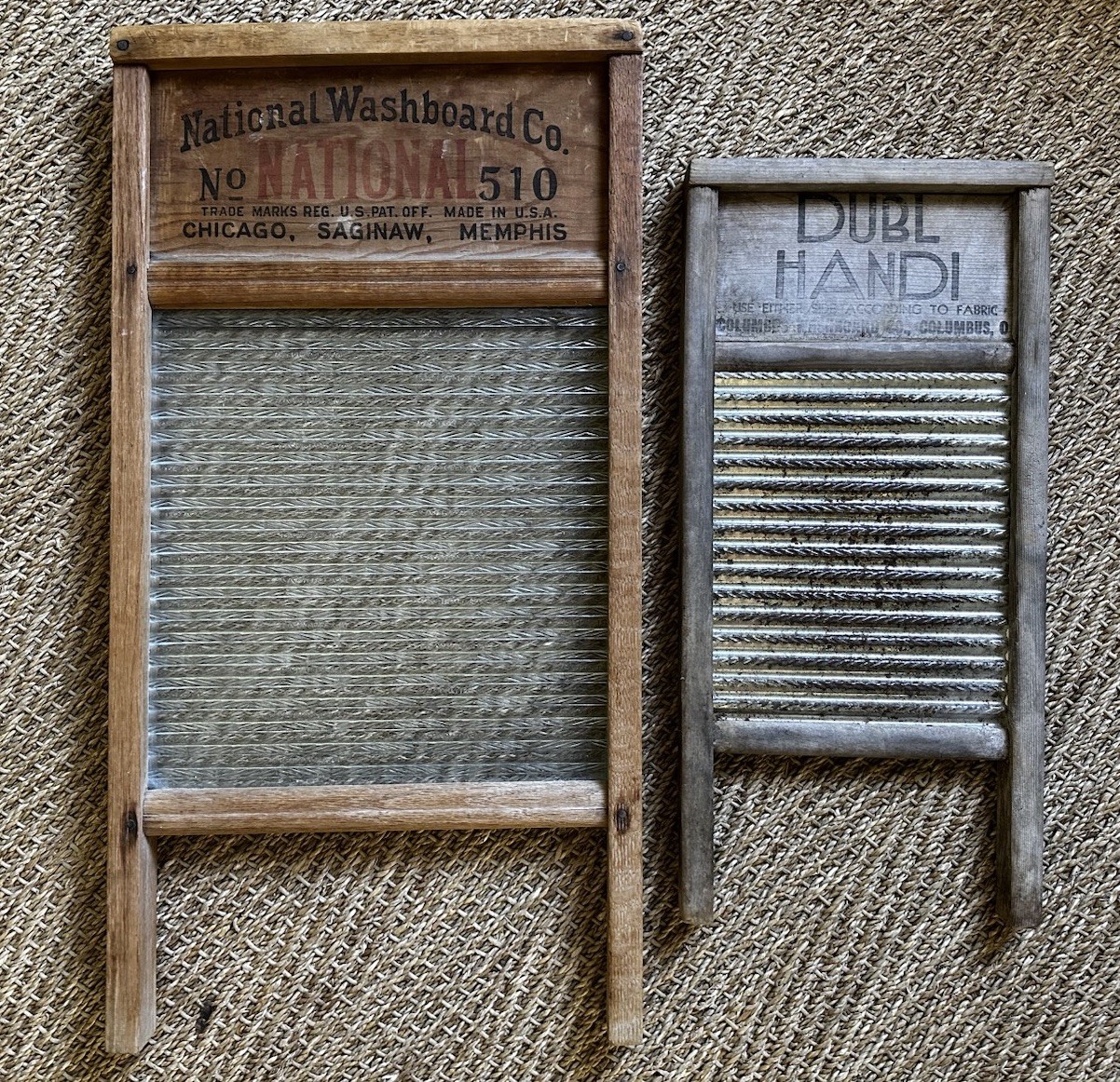 2 VTG washboards National Atlantic510 glass 23.5” x 12.5” Dubl Handi metal 17.5
