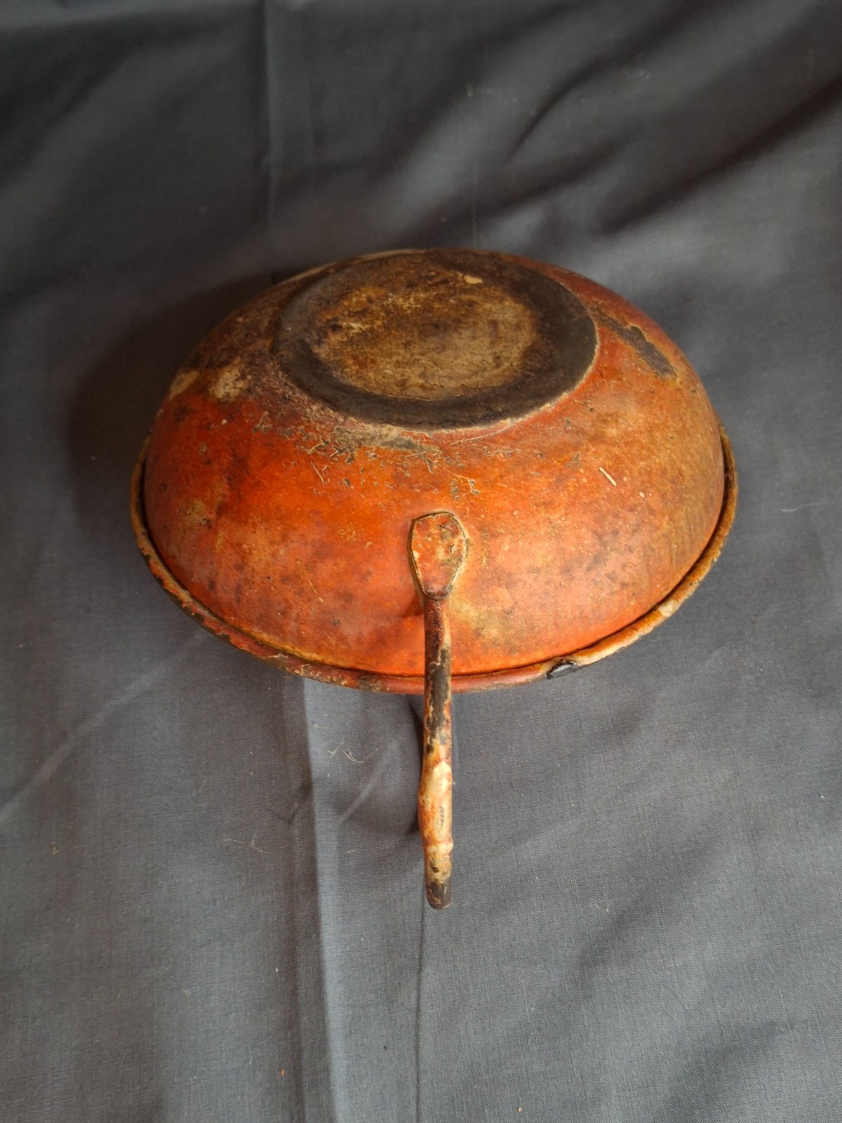 Antique 19thC Red Paint Sheet Tin Chamberstick Candle Holder Finger Loop 5.5″