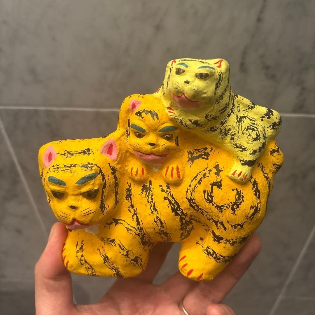 Japanese Vintage Tiger Ceramic Statue Family Animal Figurine Rustic 4.7 inch