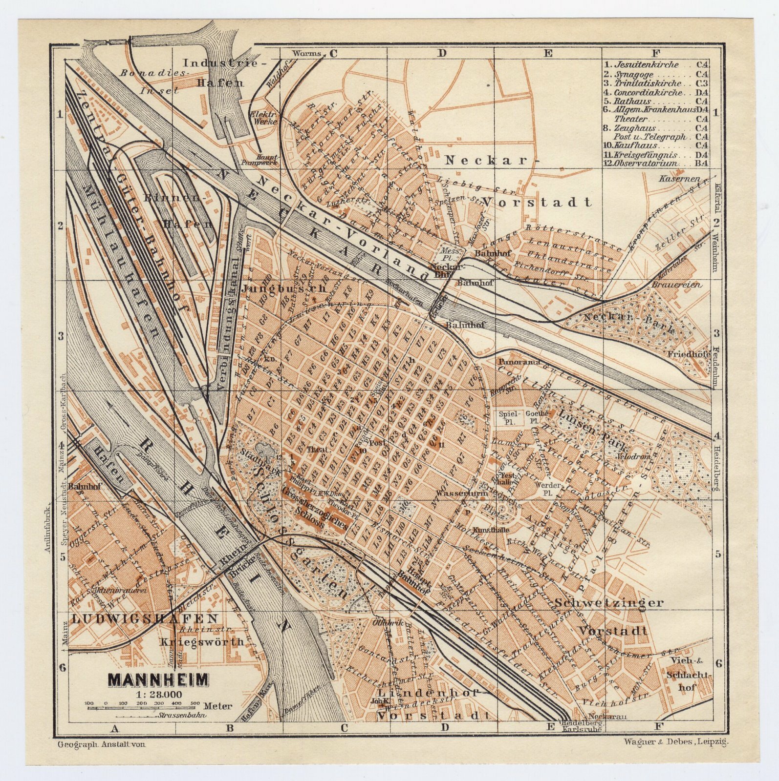 1911 ORIGINAL ANTIQUE MAP OF MANNHEIM BADEN-WÜRTTEMBERG / GERMANY