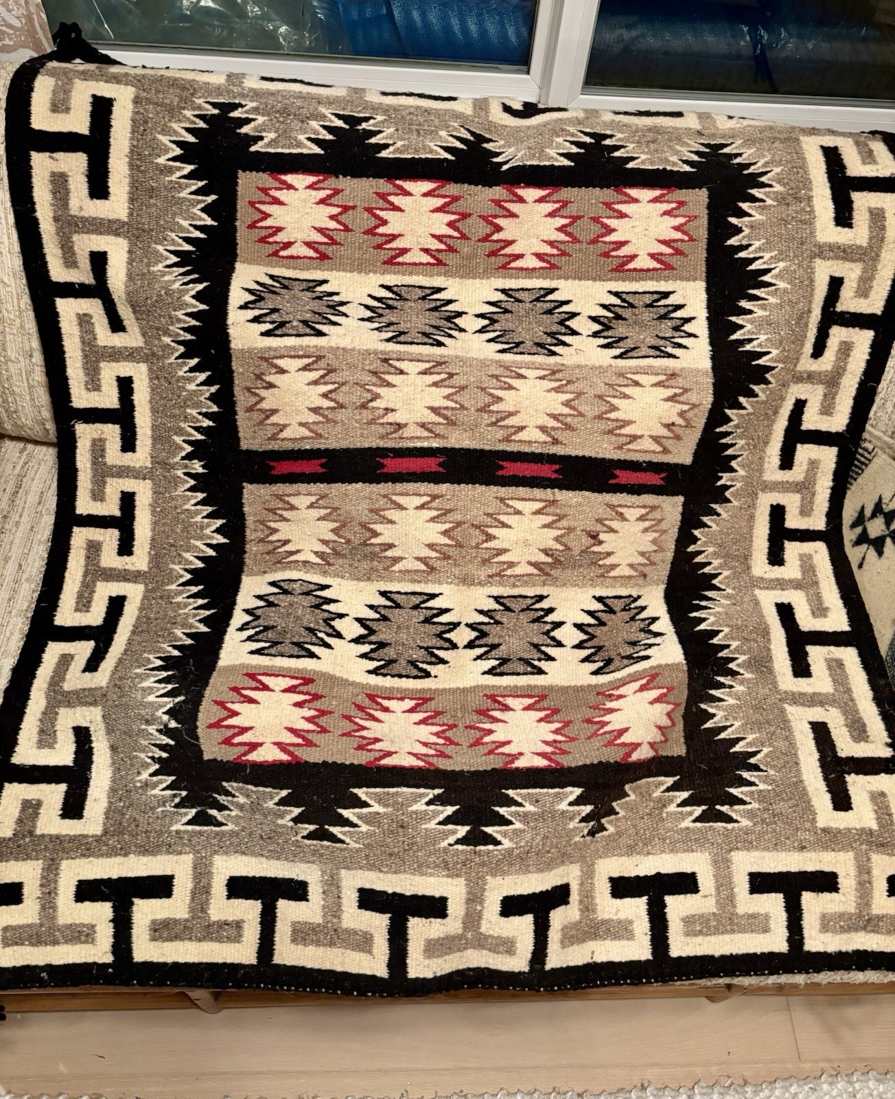 Navajo Rug 40×35″ Collectible Native American Wool Handmade Red Ivory Gray Black