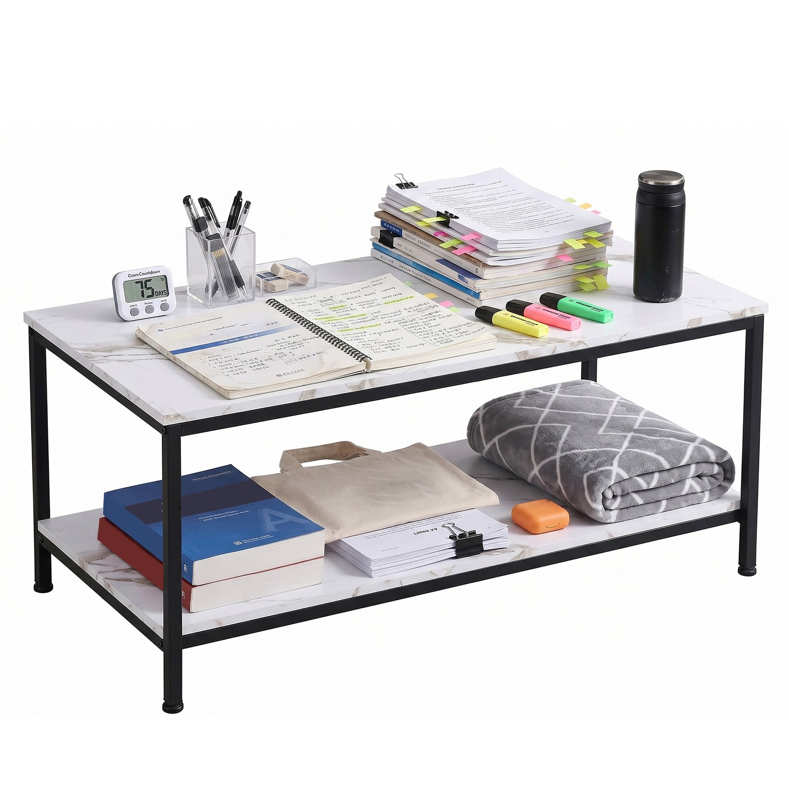 White Coffee Table 2-Tier Rectangle Industrial Wood Coffee Table w/Storage Shelf