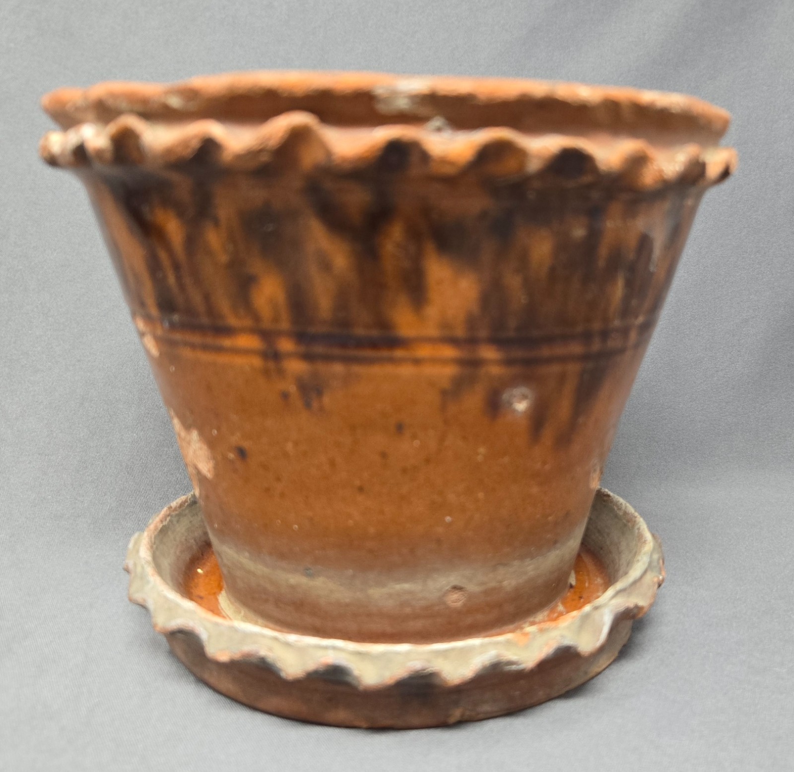 Mid 19th Century Pennsylvania Brown Glazed Redware Flower Pot Attached Undertray