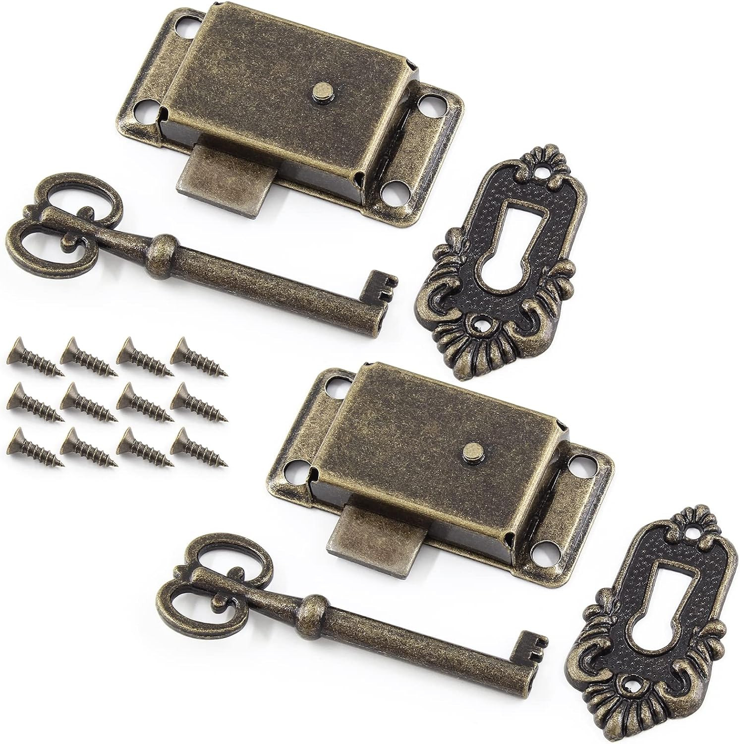2 Sets Skeleton Key Lock Antique Bronze Cabinet Lock with Keys | Iron Vintage Du