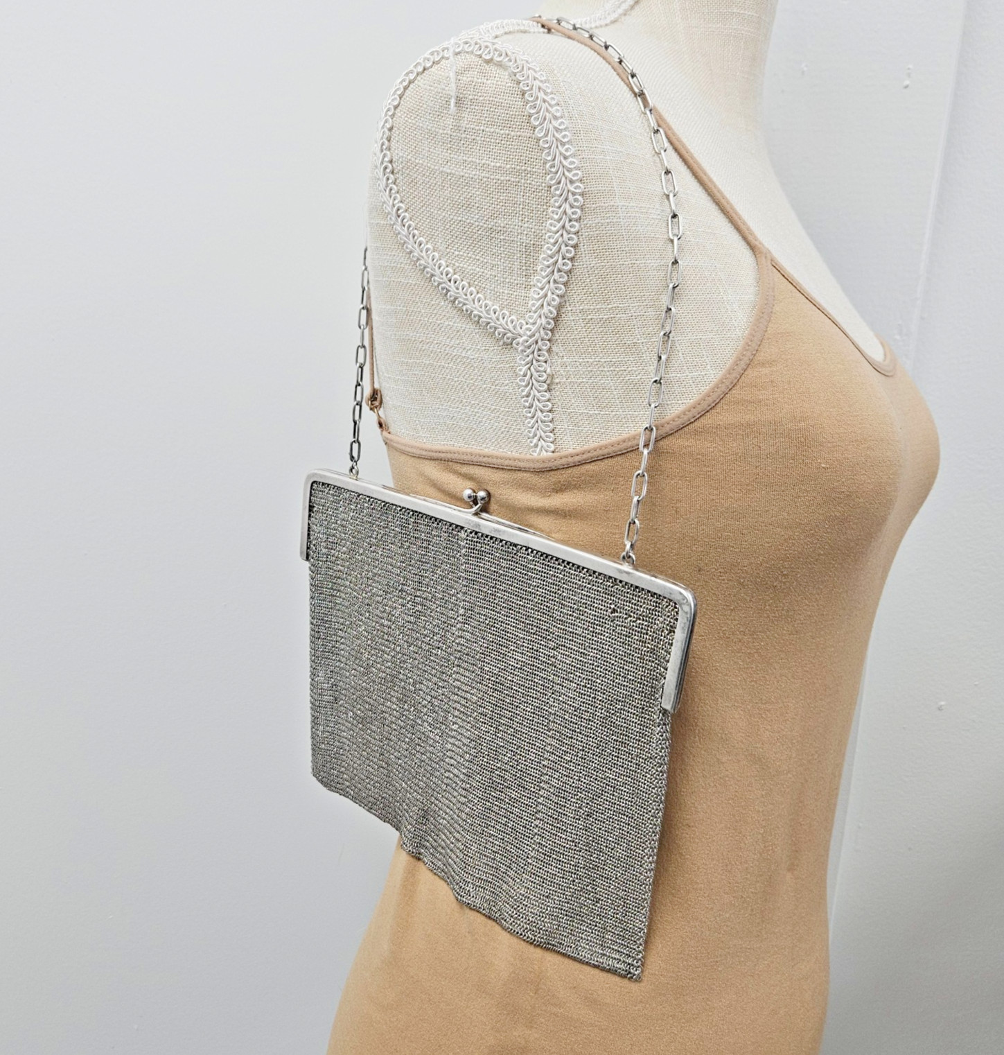 Vintage LARGE 345g German Sterling 800 Silver Handbag 8×6½” Purse Mesh 19″ Chain