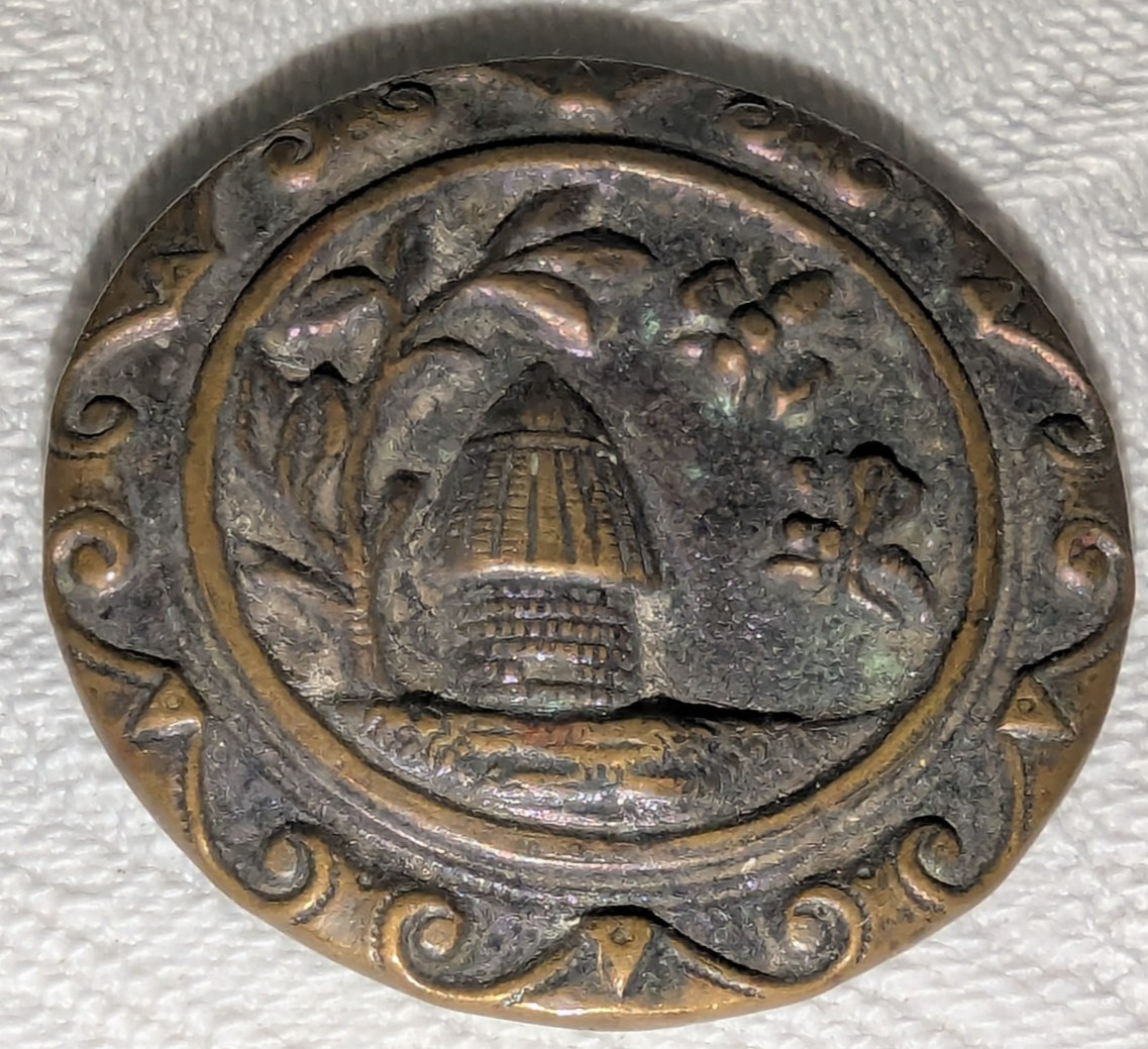 Wonderful Large 1.5 in Beehive Skep Antique Insect Picture Button Brass Front