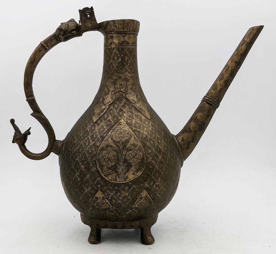 LARGE MUGHAL ISLAMIC ENGRAVED BRASS EWER INDIA 18TH CENTURY