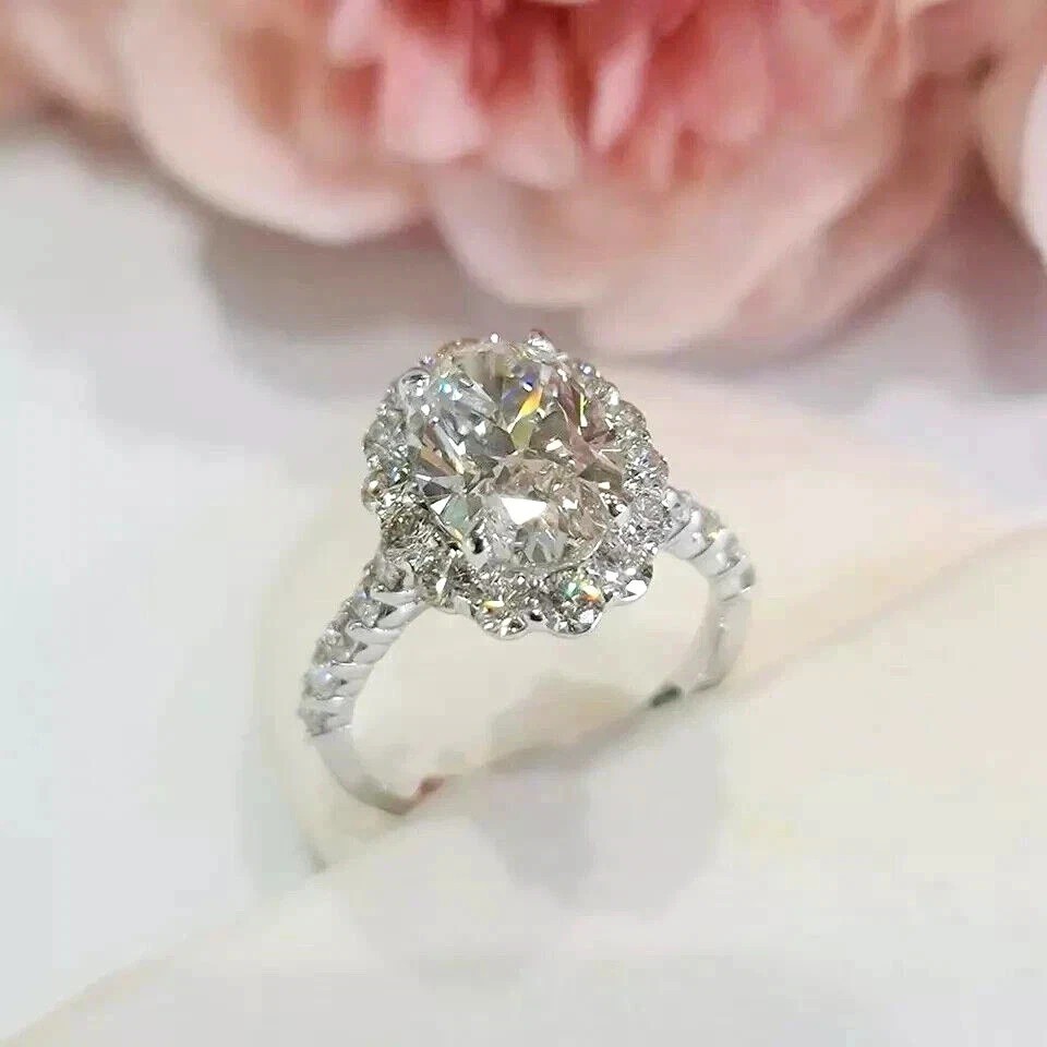 3Ct Oval-Cut Lab Created Halo Engagement Ring 14K White Gold Plated