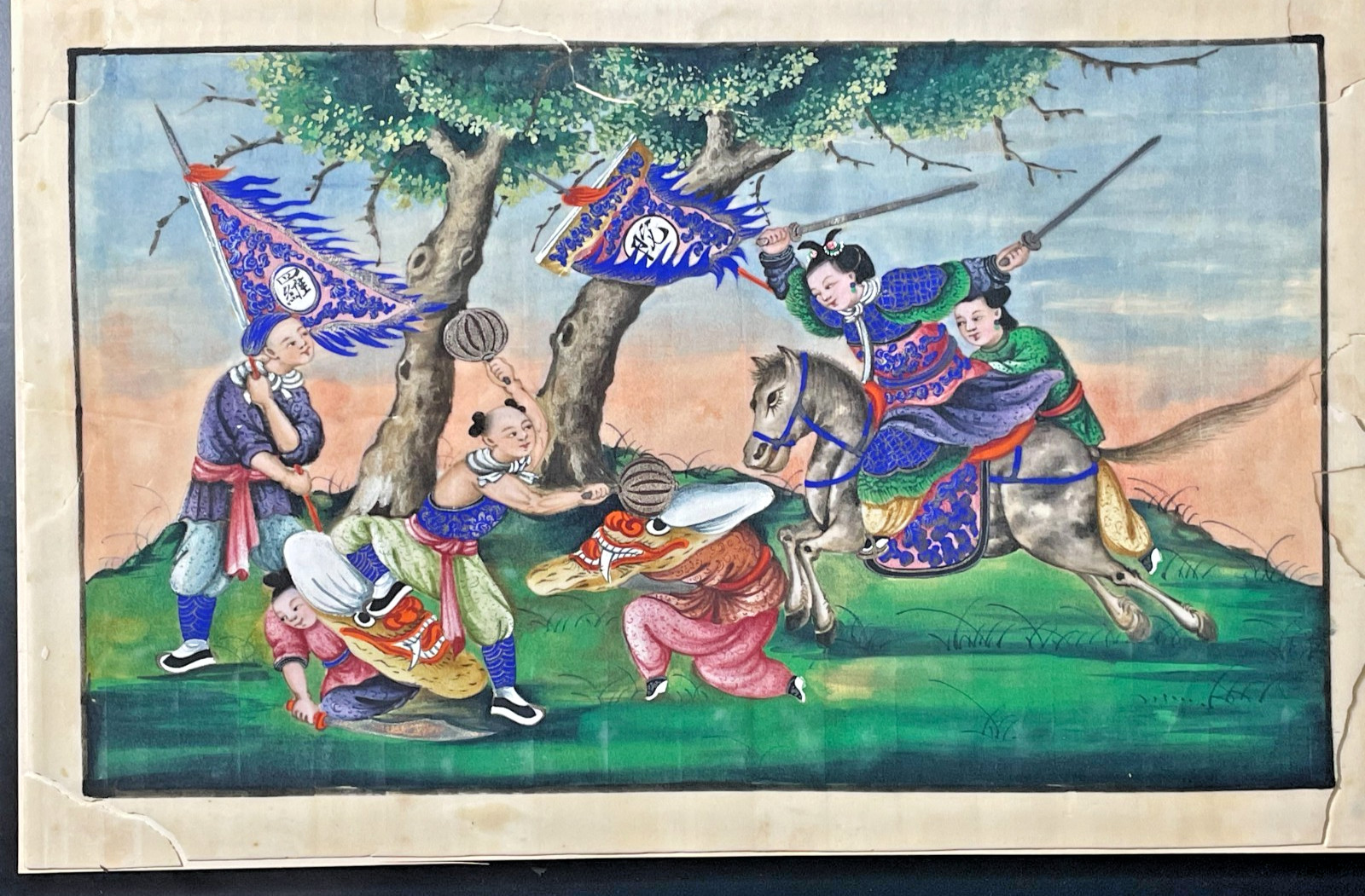 Antique Chinese Export Pith Paper Painting – Qing Military Procession