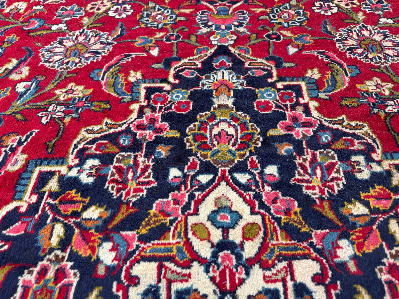 10×14 RED ANTIQUE ORIENTAL RUG old worn vintage blue pink navy big handmade wool