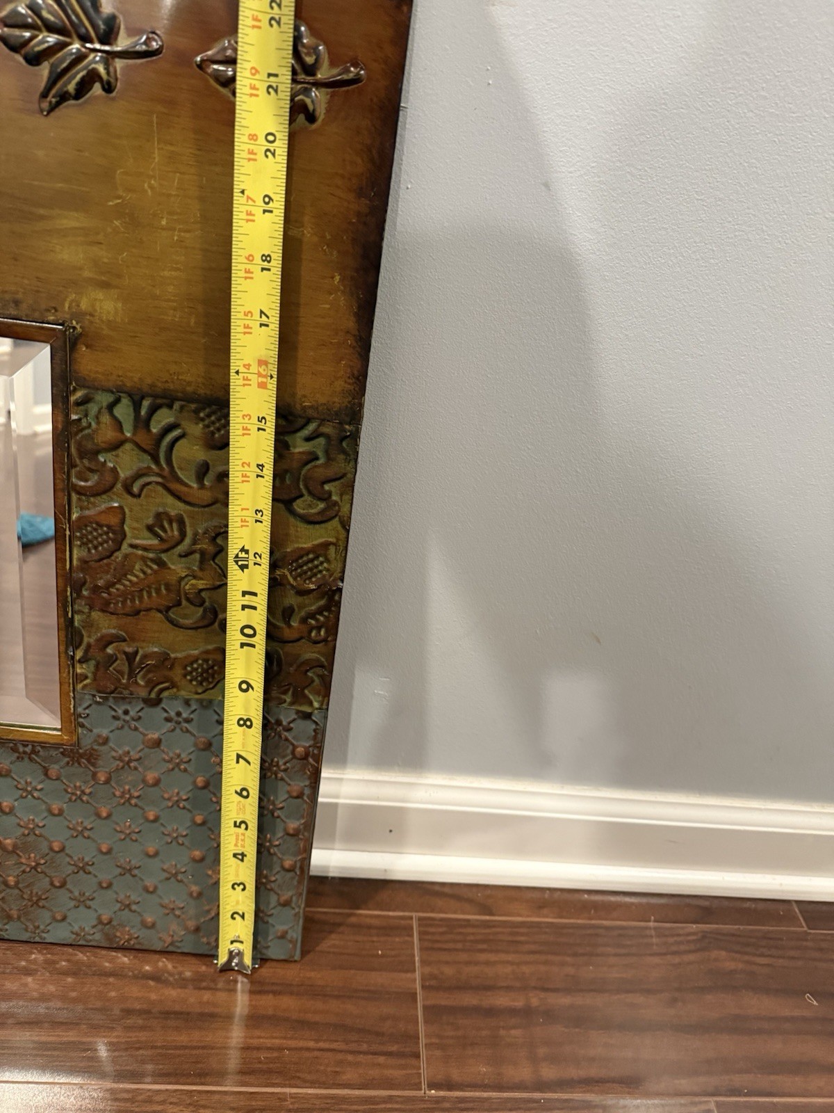 Rustic Boho Square Wall Mirror W/ Embossed Patchwork Frame 20”x24” Vintage Hang