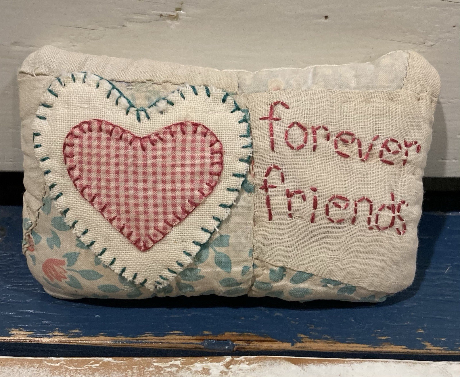 Primitive *Forever Friends* Quilted Heart Mini Pillow-From Vintage Quilt